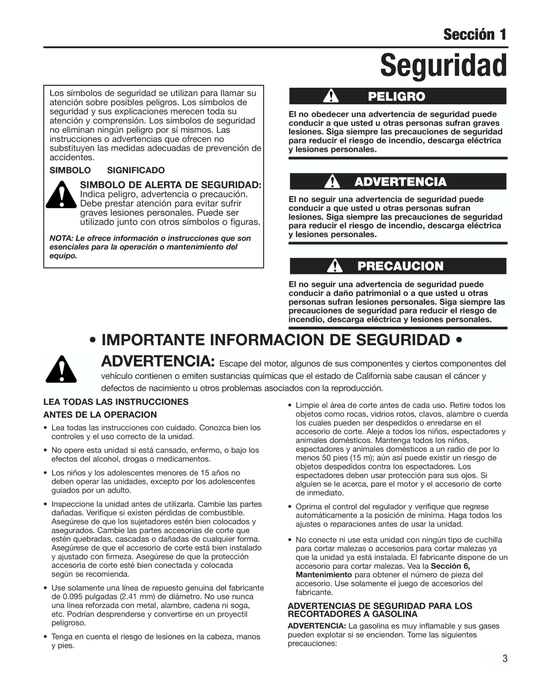 Cub Cadet CC2000 manual Sección, Simbolo DE Alerta DE Seguridad 