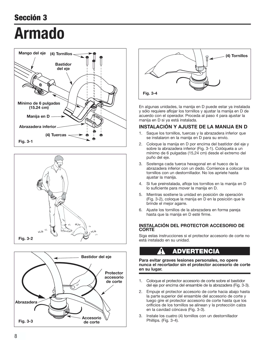 Cub Cadet CC2000 manual Armado, Instalación Y Ajuste DE LA Manija EN D, Instalación DEL Protector Accesorio DE Corte 