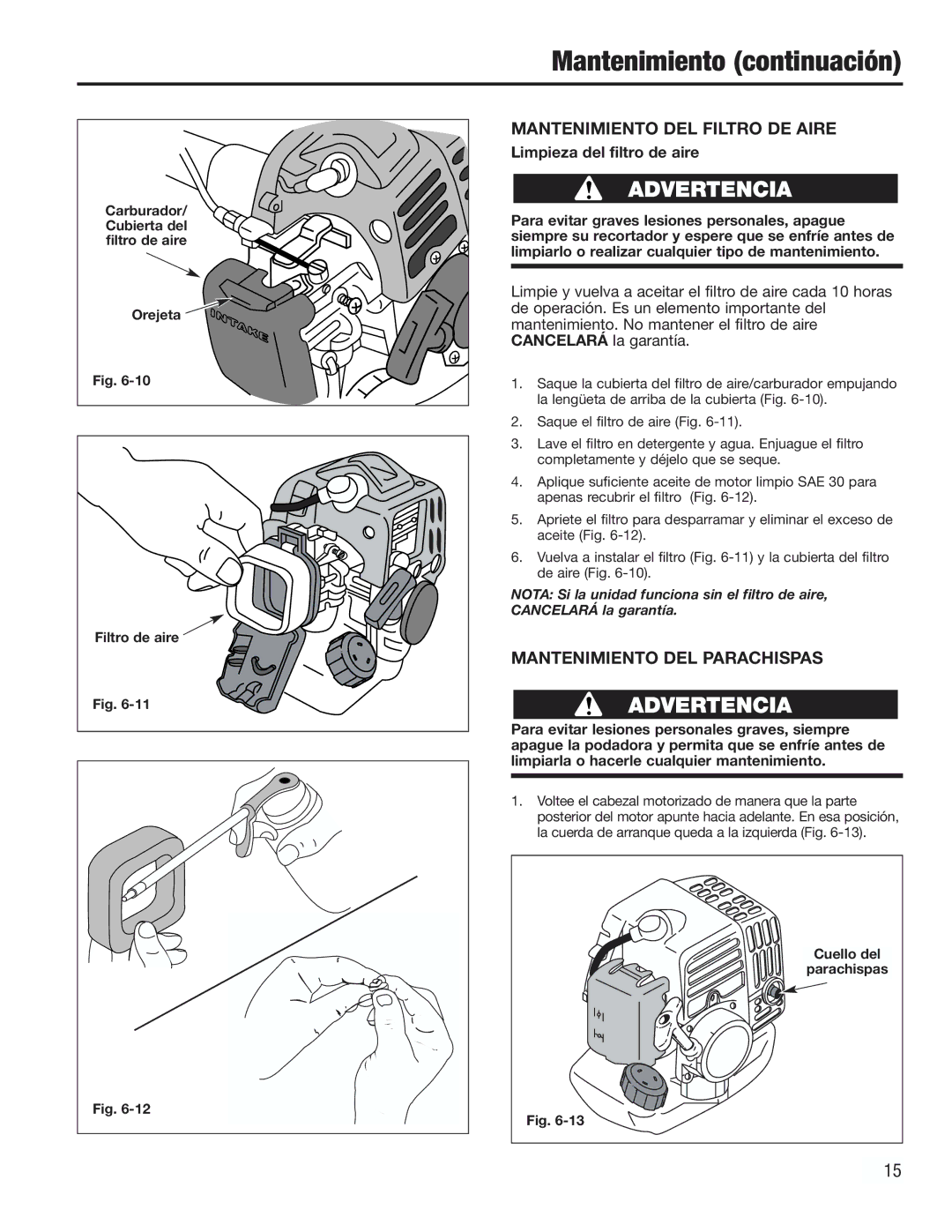 Cub Cadet CC2000 manual Mantenimiento DEL Filtro DE Aire, Mantenimiento DEL Parachispas, Limpieza del filtro de aire 