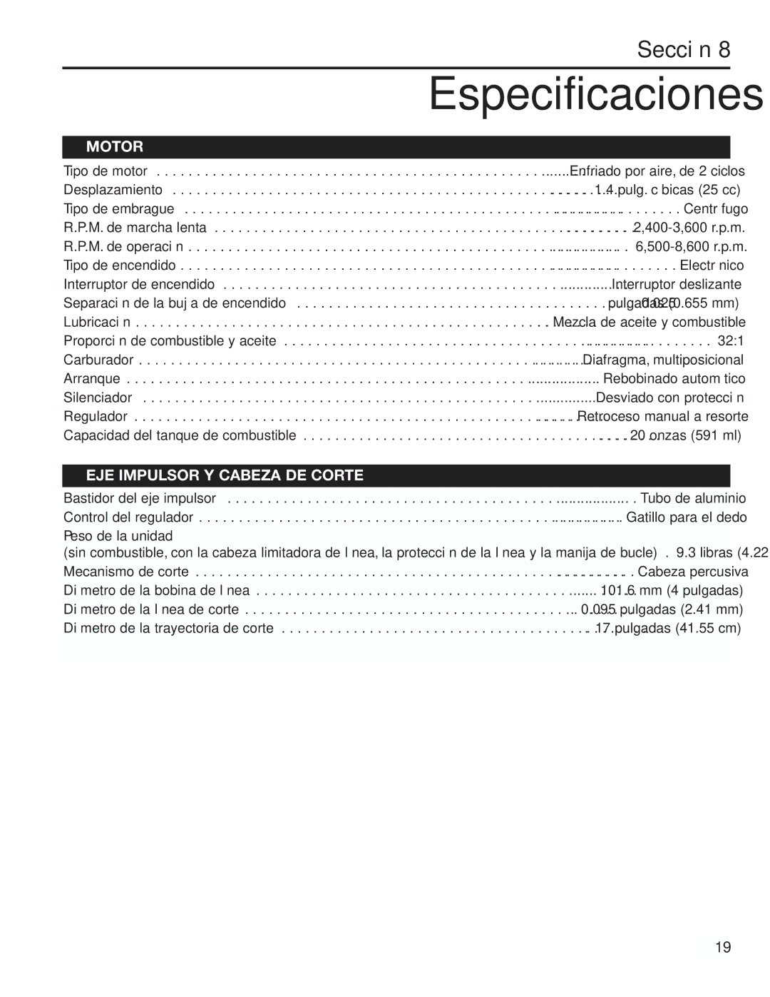 Cub Cadet CC2000 manual Especificaciones 