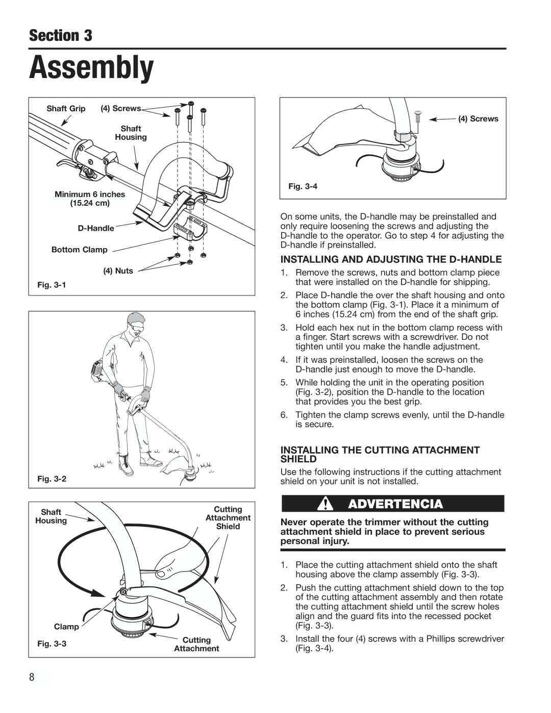 Cub Cadet CC2000 manual Assembly, Installing and Adjusting the D-HANDLE, Installing the Cutting Attachment Shield 