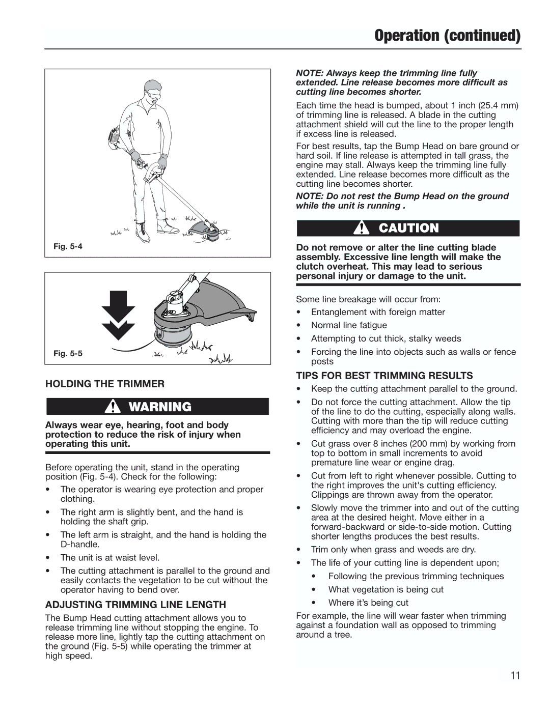 Cub Cadet CC3000 manual Operation, Holding the Trimmer, Adjusting Trimming Line Length, Tips for Best Trimming Results 