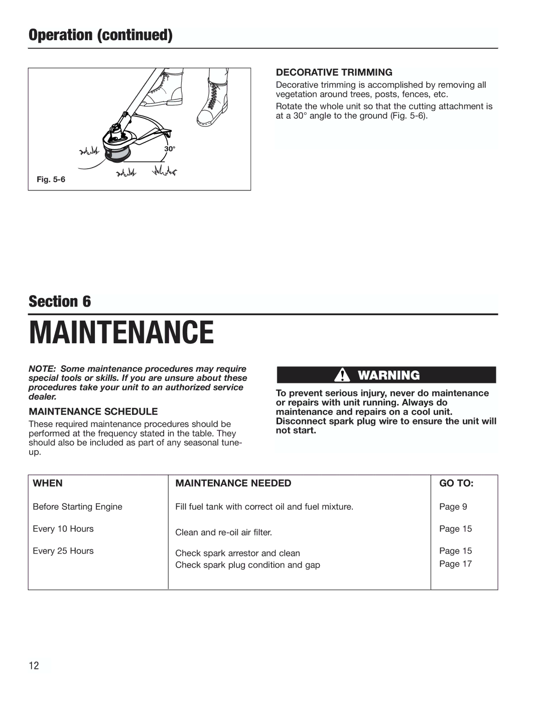 Cub Cadet CC3000 manual Decorative Trimming, Maintenance Schedule, When Maintenance Needed GO to 