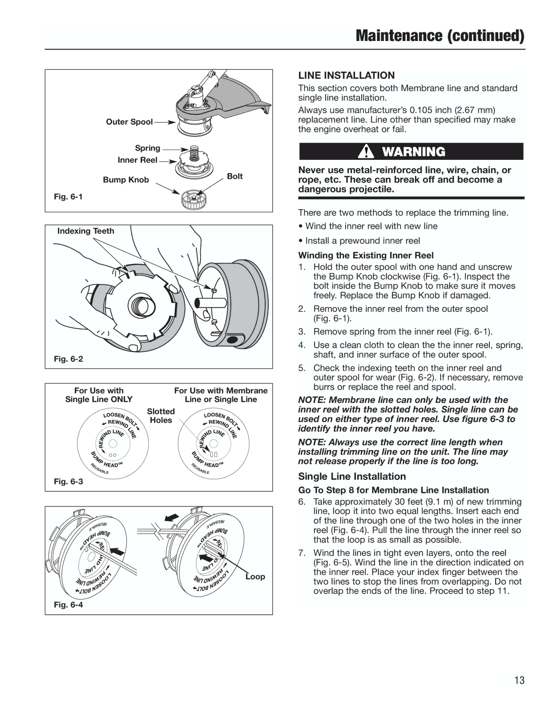 Cub Cadet CC3000 manual Maintenance, Single Line Installation, Winding the Existing Inner Reel 