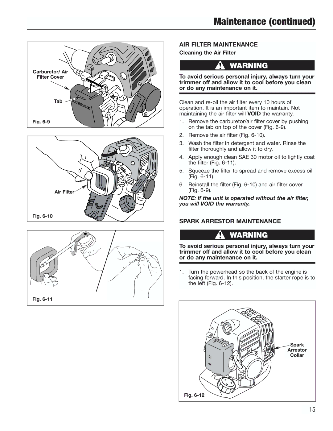 Cub Cadet CC3000 manual AIR Filter Maintenance, Spark Arrestor Maintenance, Cleaning the Air Filter 