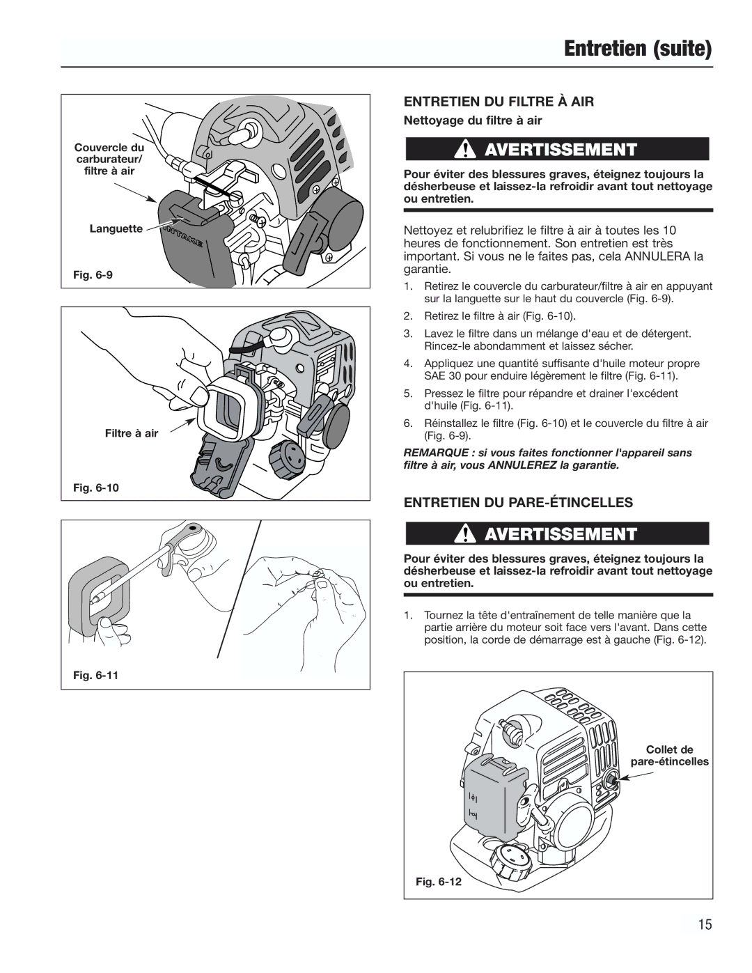 Cub Cadet CC3000 manual Entretien DU Filtre À AIR, Entretien DU PARE-ÉTINCELLES 