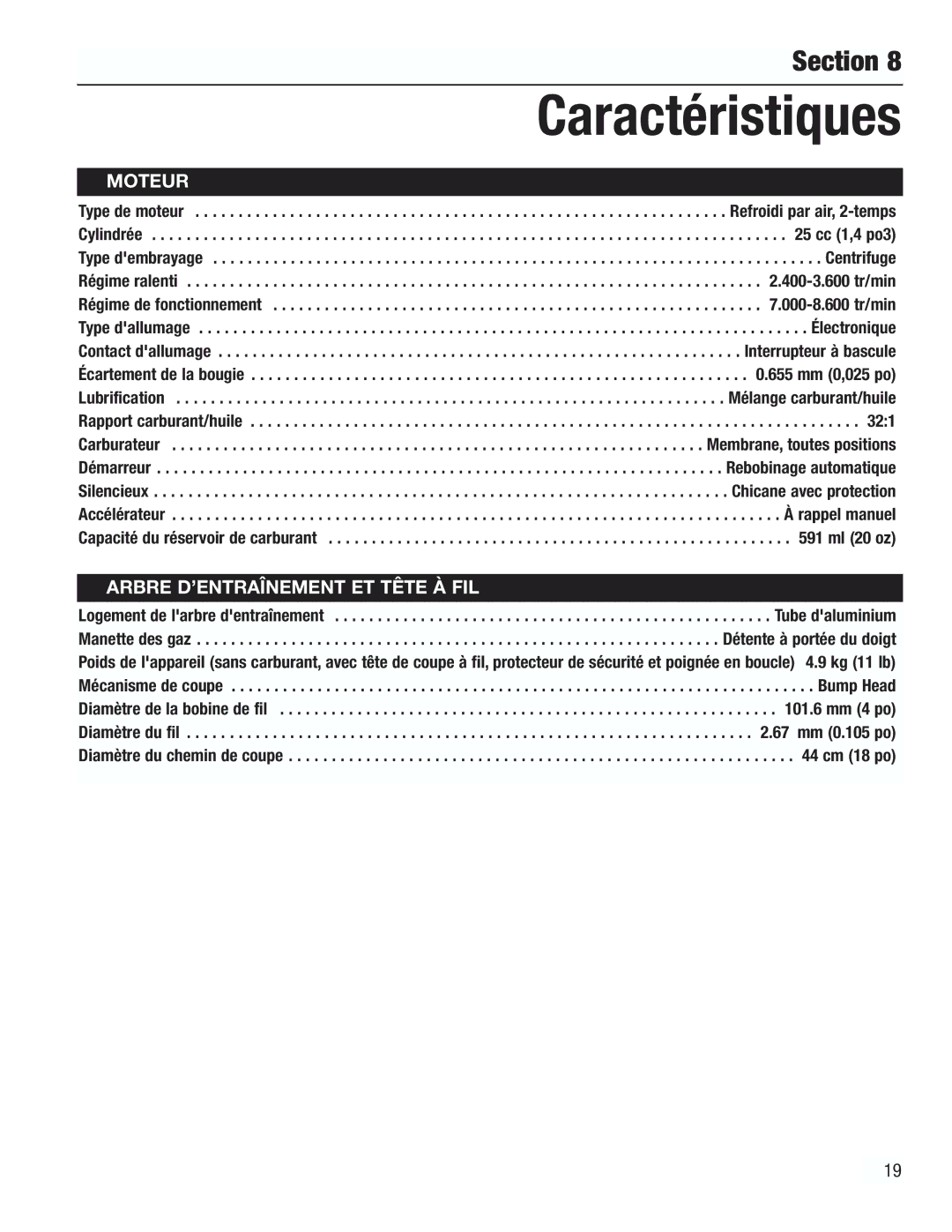 Cub Cadet CC3000 manual Caractéristiques, 67 mm 0.105 po 