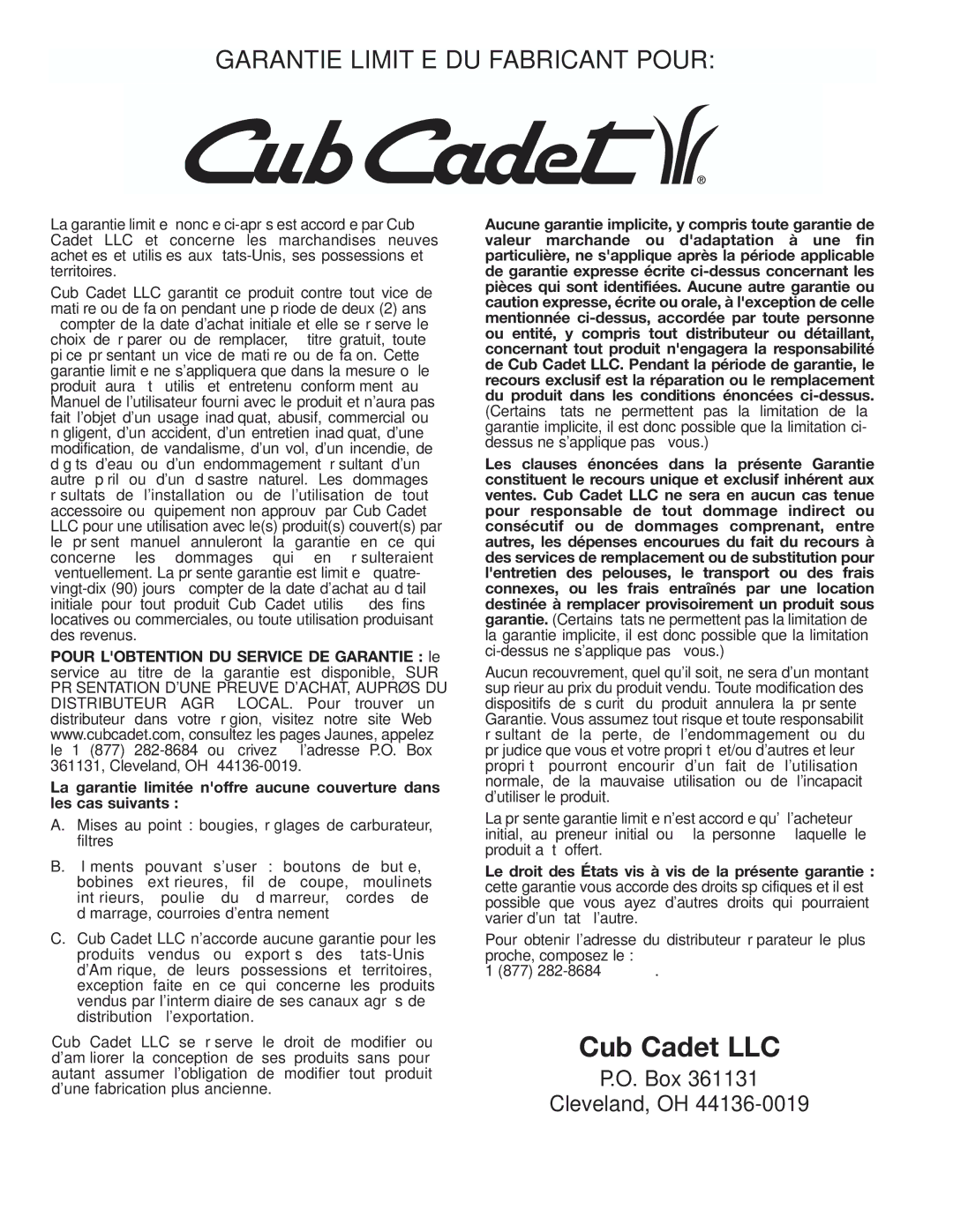 Cub Cadet CC3000 manual Garantie Limitée DU Fabricant Pour 