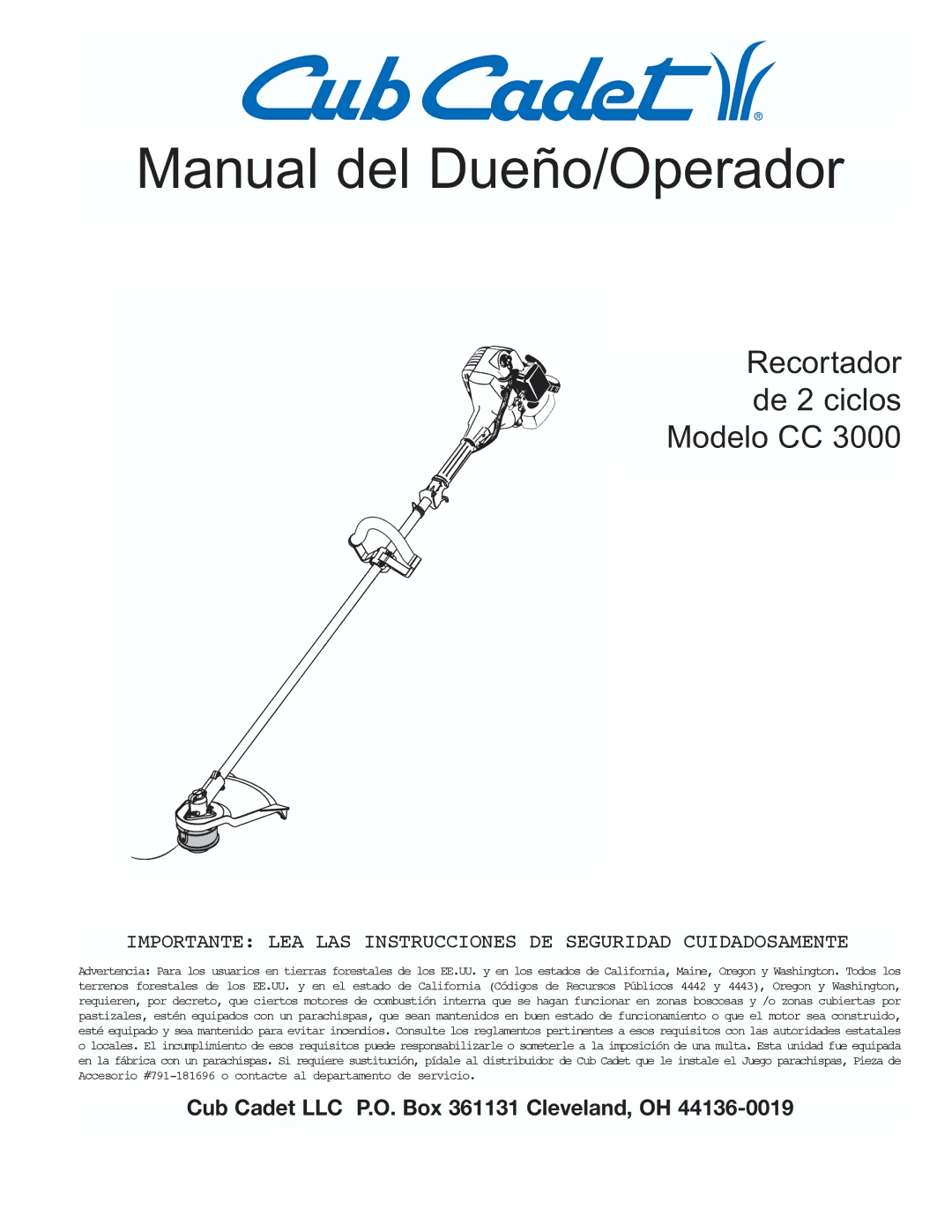 Cub Cadet CC3000 manual Manual del Dueño/Operador 