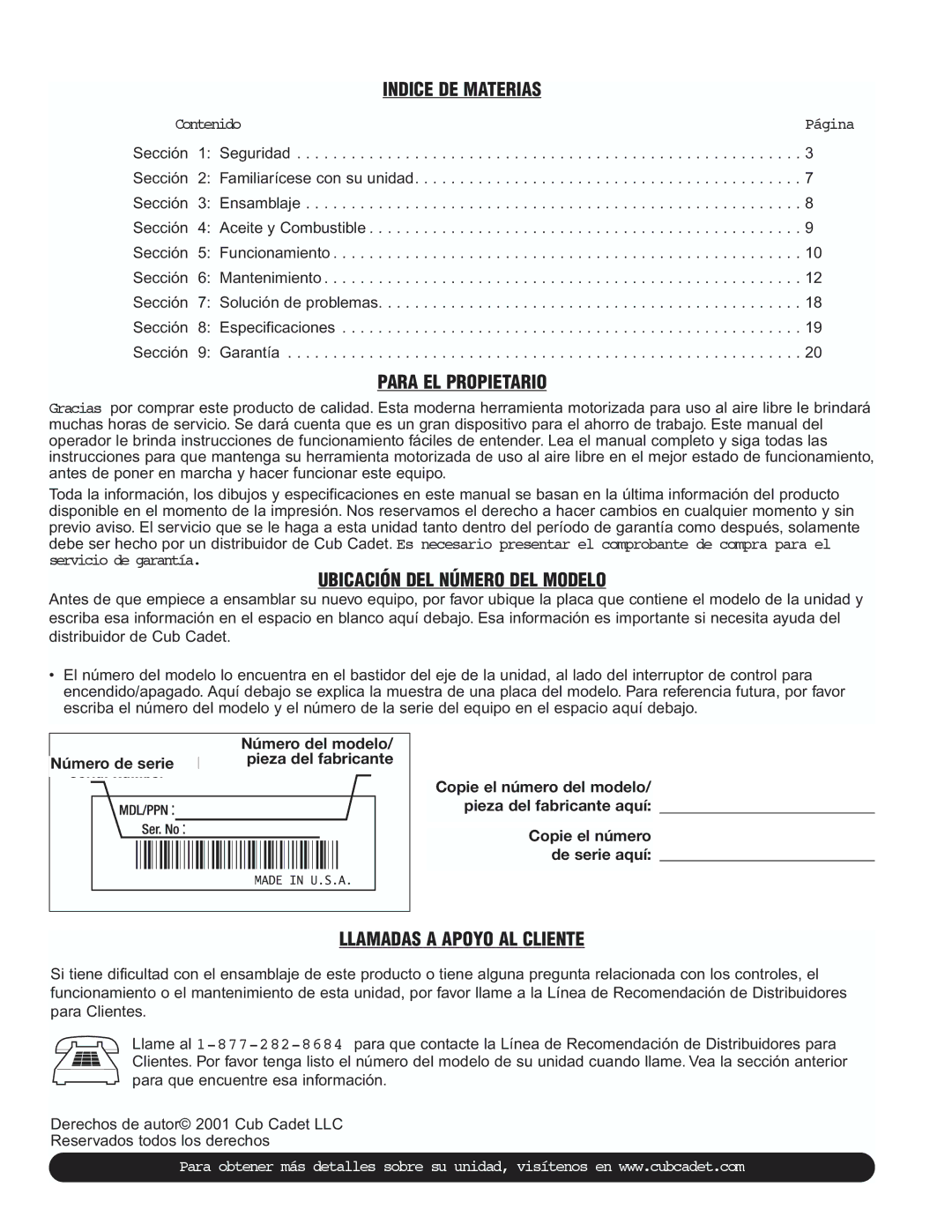 Cub Cadet CC3000 manual Indice DE Materias, Número del modelo 