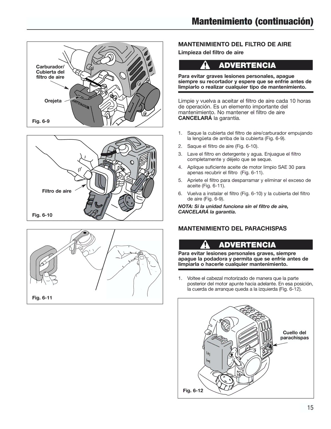 Cub Cadet CC3000 manual Mantenimiento DEL Filtro DE Aire, Mantenimiento DEL Parachispas, Limpieza del filtro de aire 