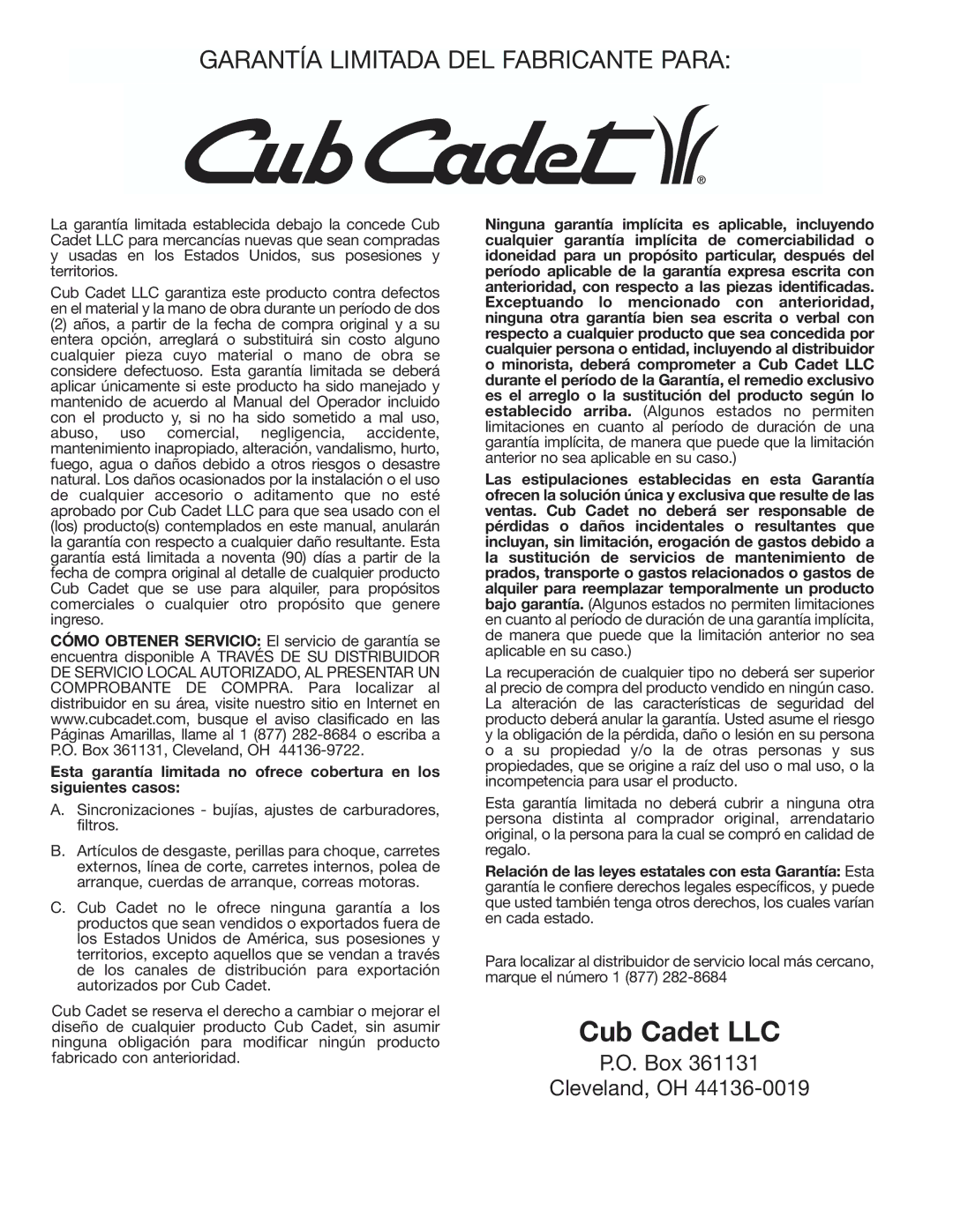 Cub Cadet CC3000 manual Garantía Limitada DEL Fabricante Para 