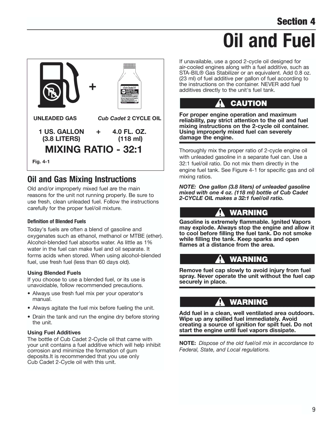 Cub Cadet CC3000 manual Oil and Fuel, Liters, Unleaded GAS 