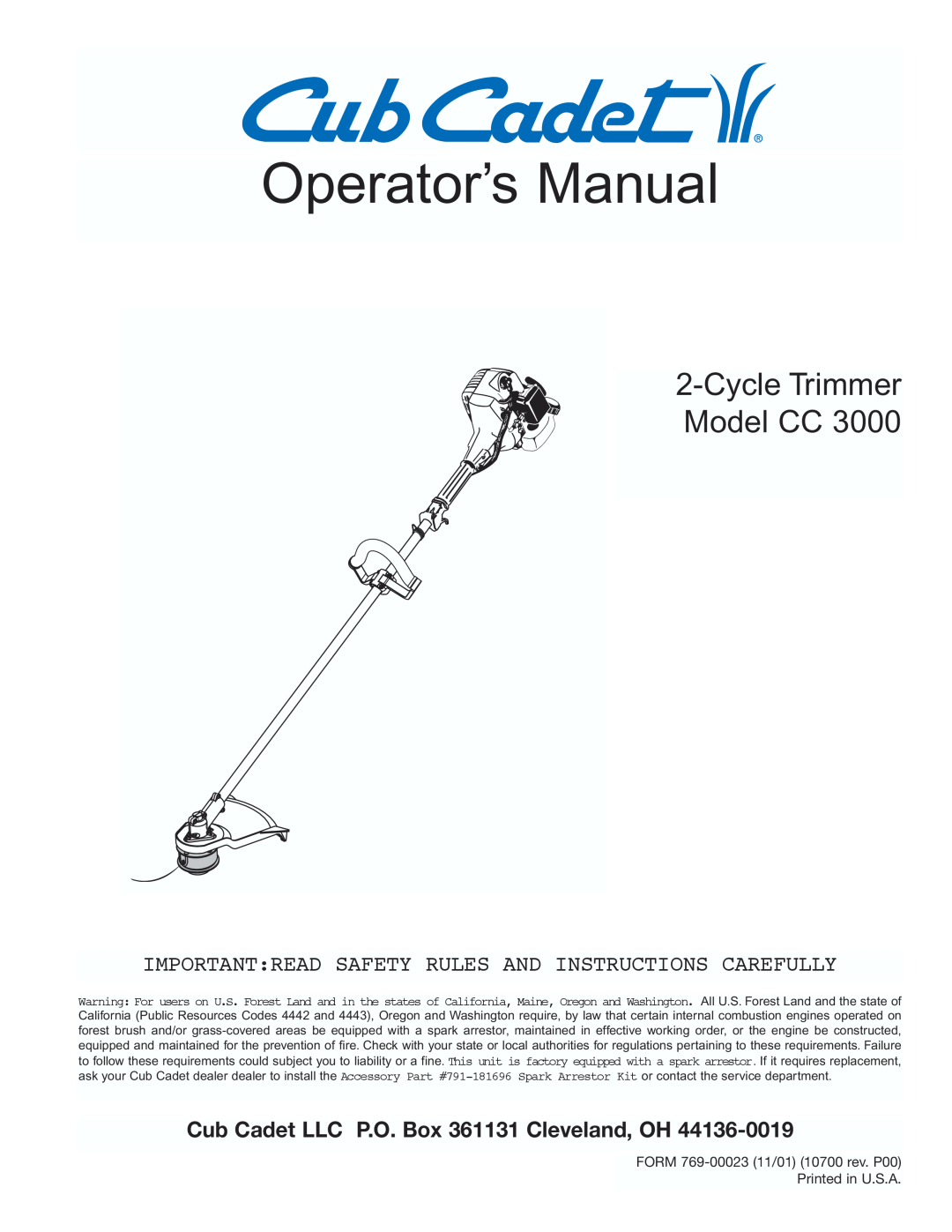 Cub Cadet CC3000 manual Operator’s Manual, CycleTrimmer Model CC, Cub Cadet LLC P.O. Box 361131 Cleveland, OH 