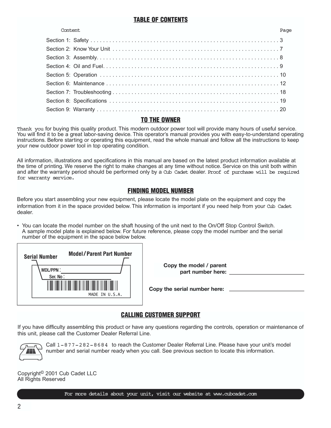 Cub Cadet CC3000 manual Table Of Contents, To The Owner, Finding Model Number, Calling Customer Support 