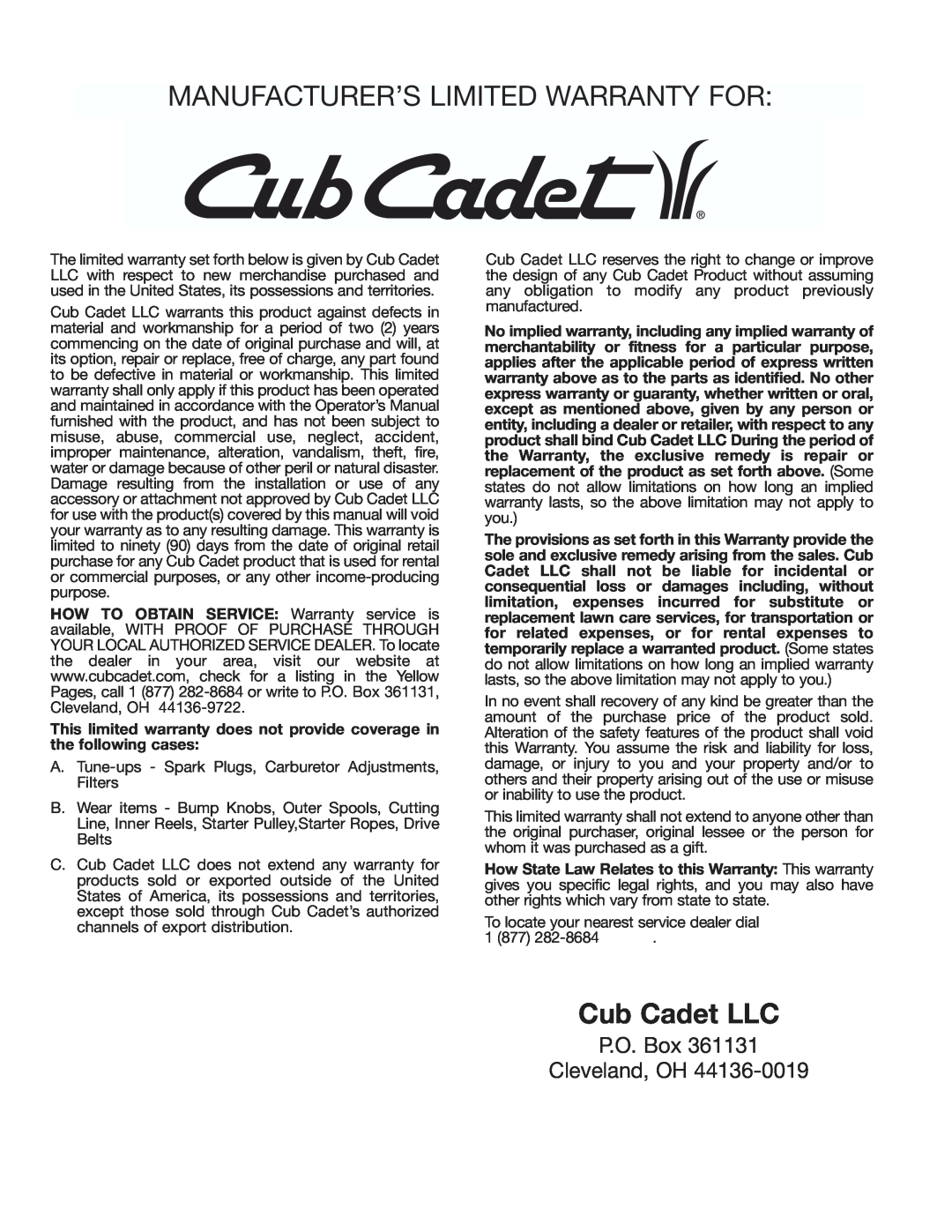 Cub Cadet CC3000 manual Cub Cadet LLC, P.O. Box Cleveland, OH, Manufacturer’S Limited Warranty For 