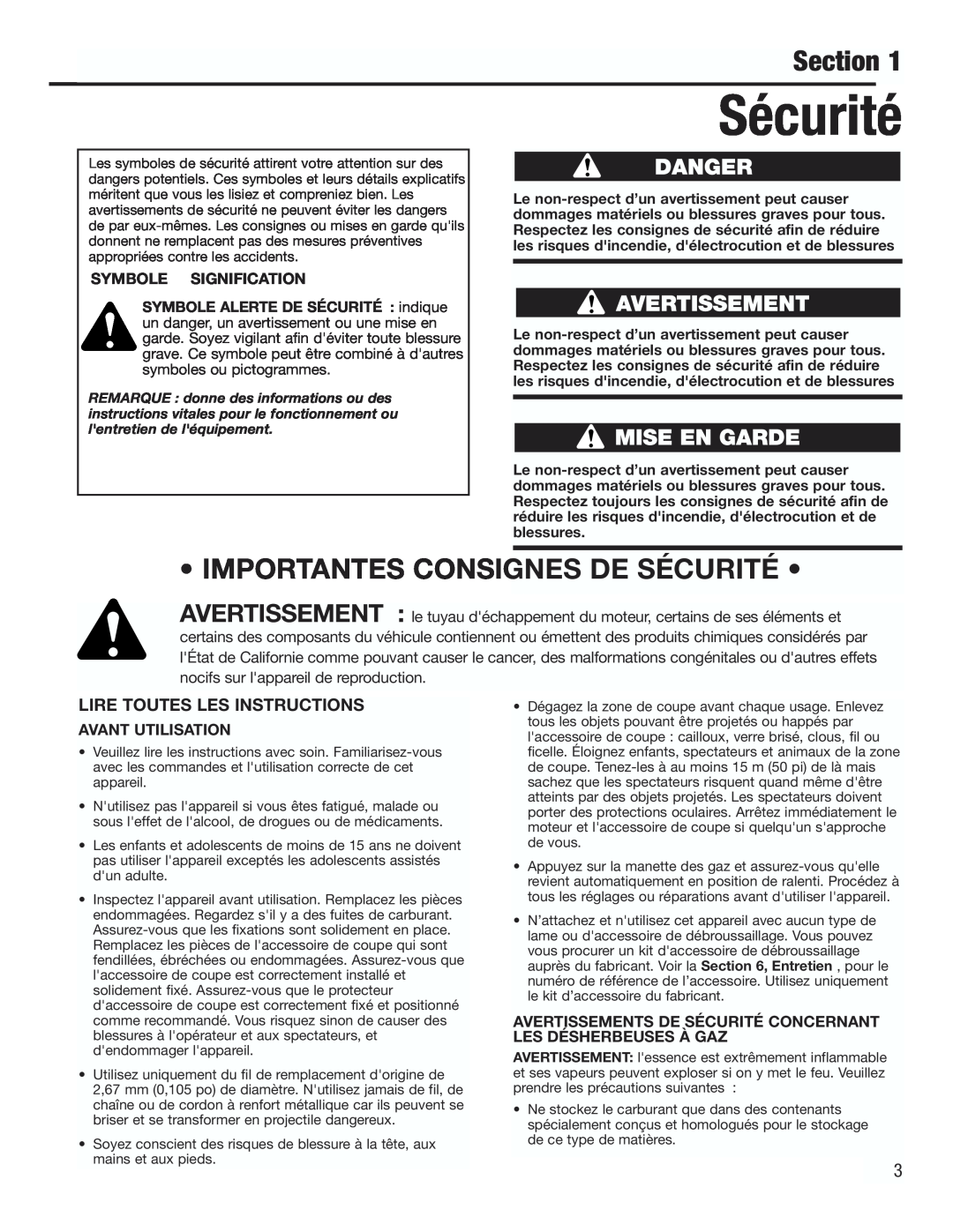Cub Cadet CC3000 manual • Importantes Consignes De Sécurité •, Section, Symbole Signification, Avant Utilisation 