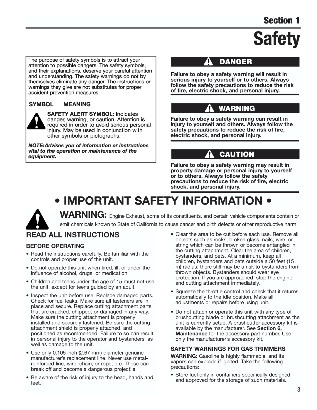 Cub Cadet CC3000 manual Section, Read All Instructions, • Important Safety Information • 