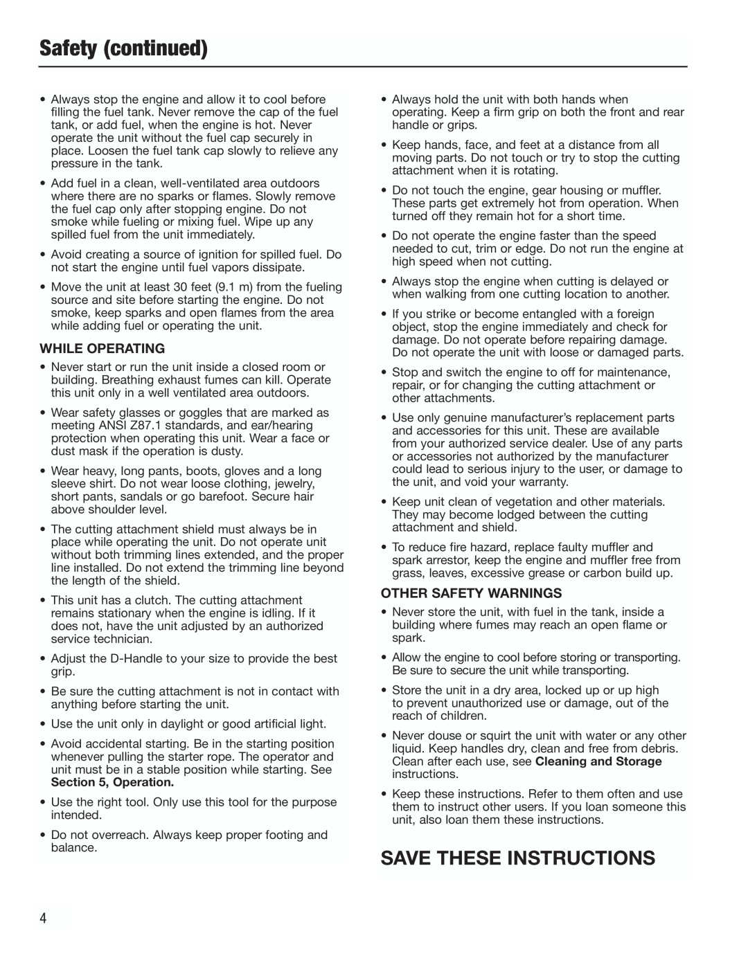 Cub Cadet CC3000 manual Safety continued, Save These Instructions, Operation 