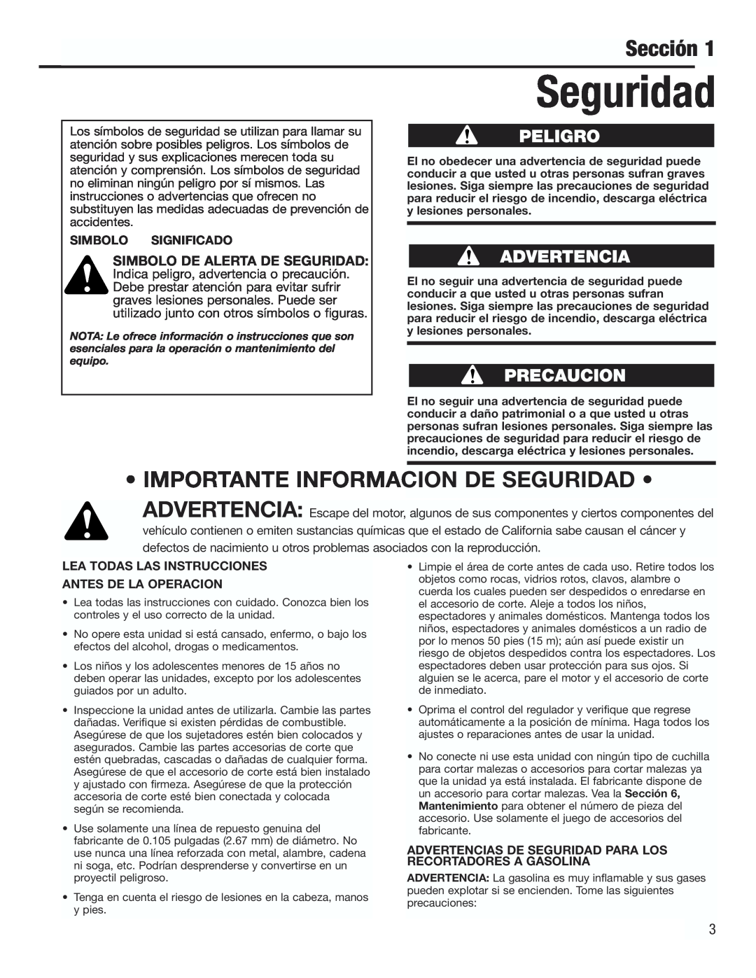 Cub Cadet CC3000 manual Sección, • Importante Informacion De Seguridad •, Simbolo Significado 