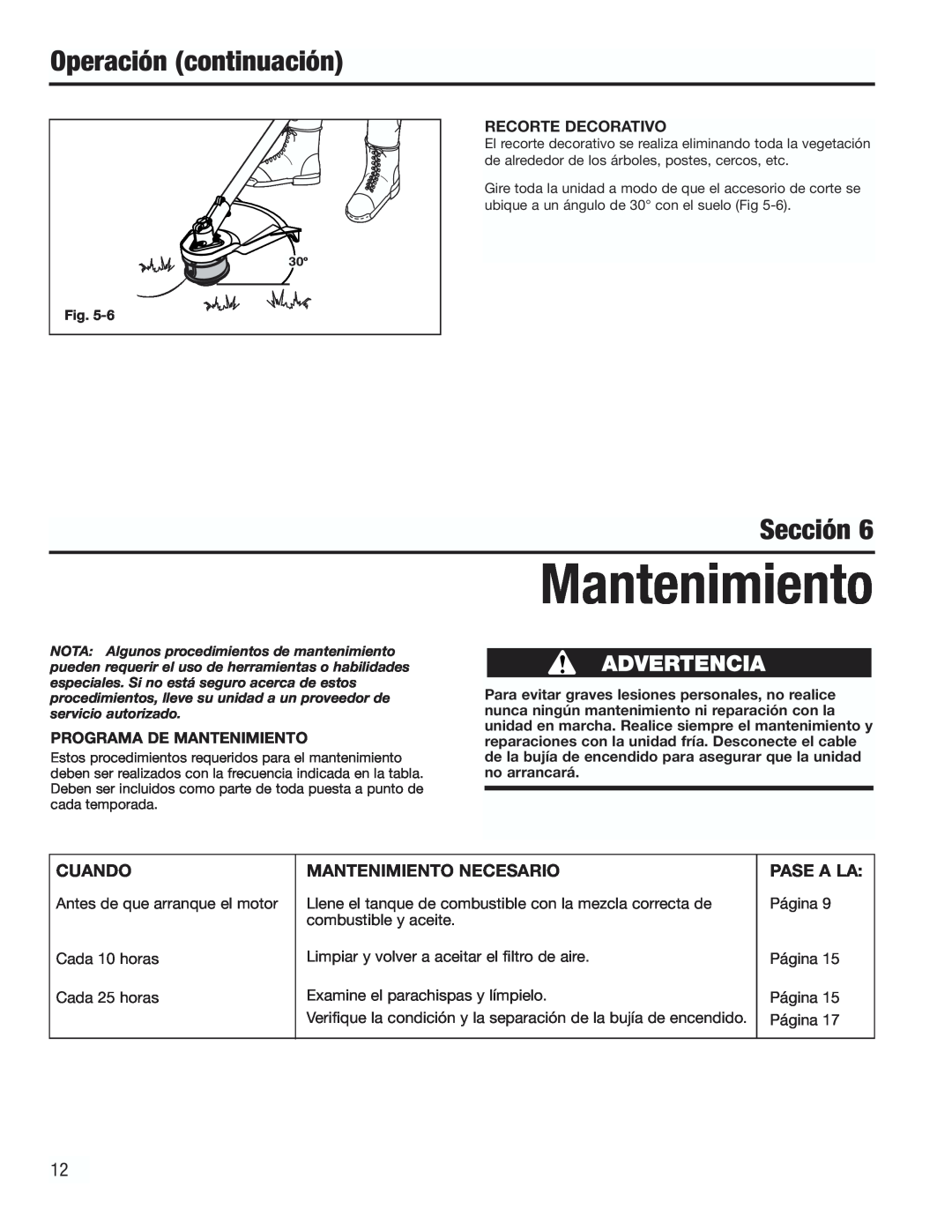 Cub Cadet CC3000 manual Operación continuación, Sección, Recorte Decorativo, Programa De Mantenimiento 