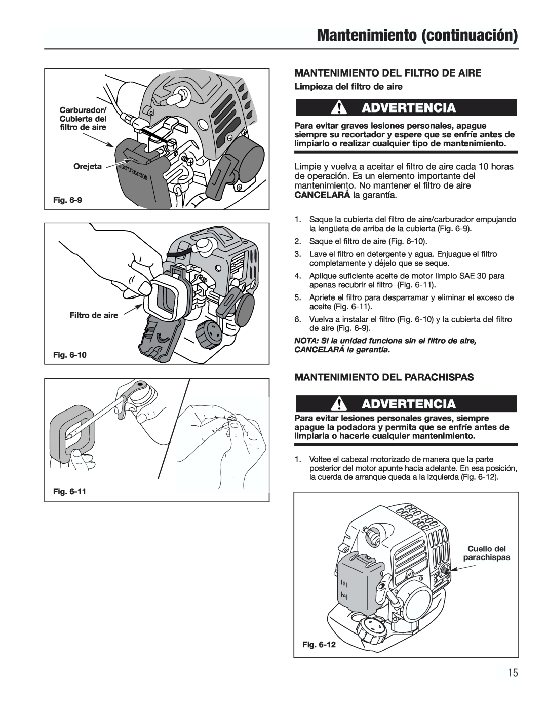 Cub Cadet CC3000 manual Mantenimiento continuación, Mantenimiento Del Filtro De Aire, Mantenimiento Del Parachispas 