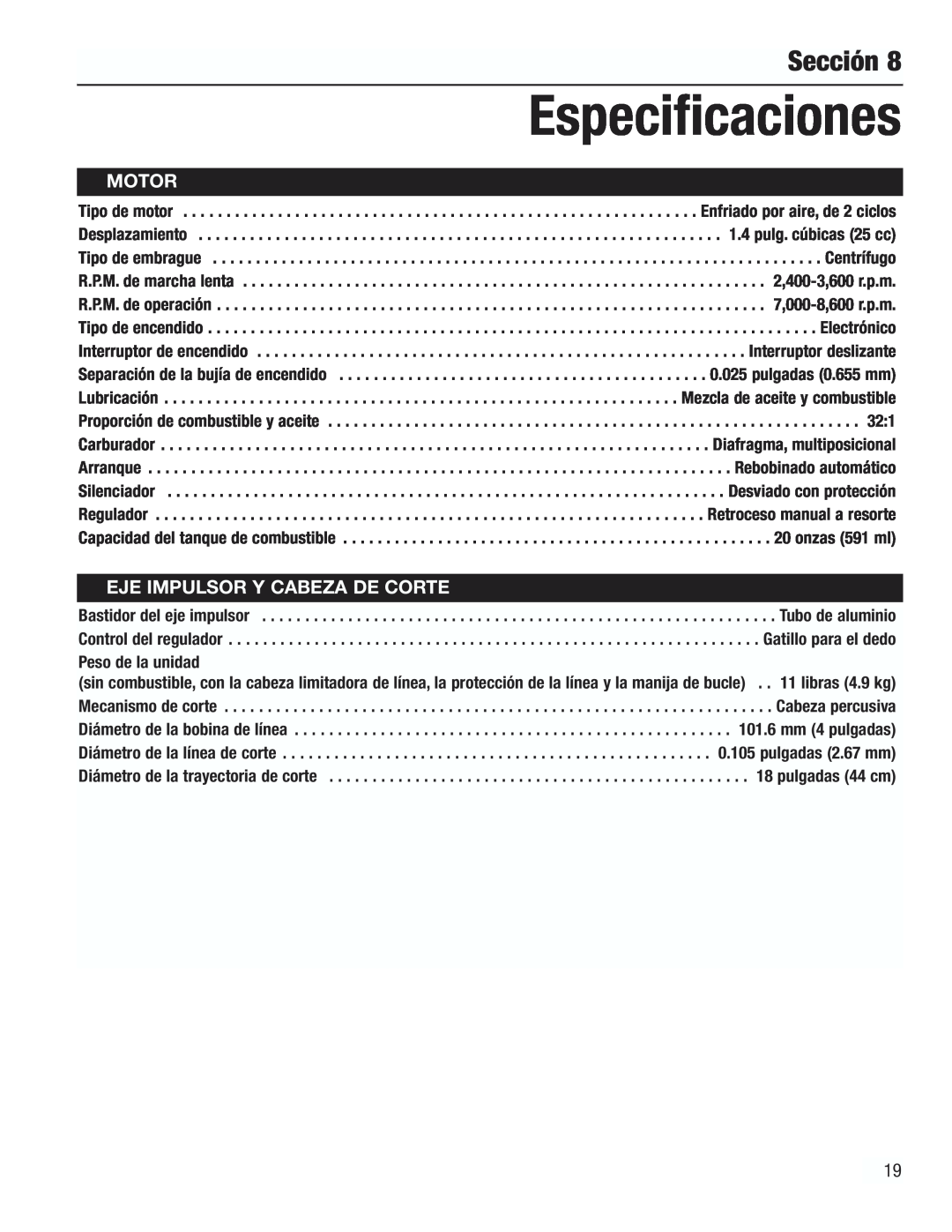 Cub Cadet CC3000 manual Especificaciones, Sección, Motor, Eje Impulsor Y Cabeza De Corte 