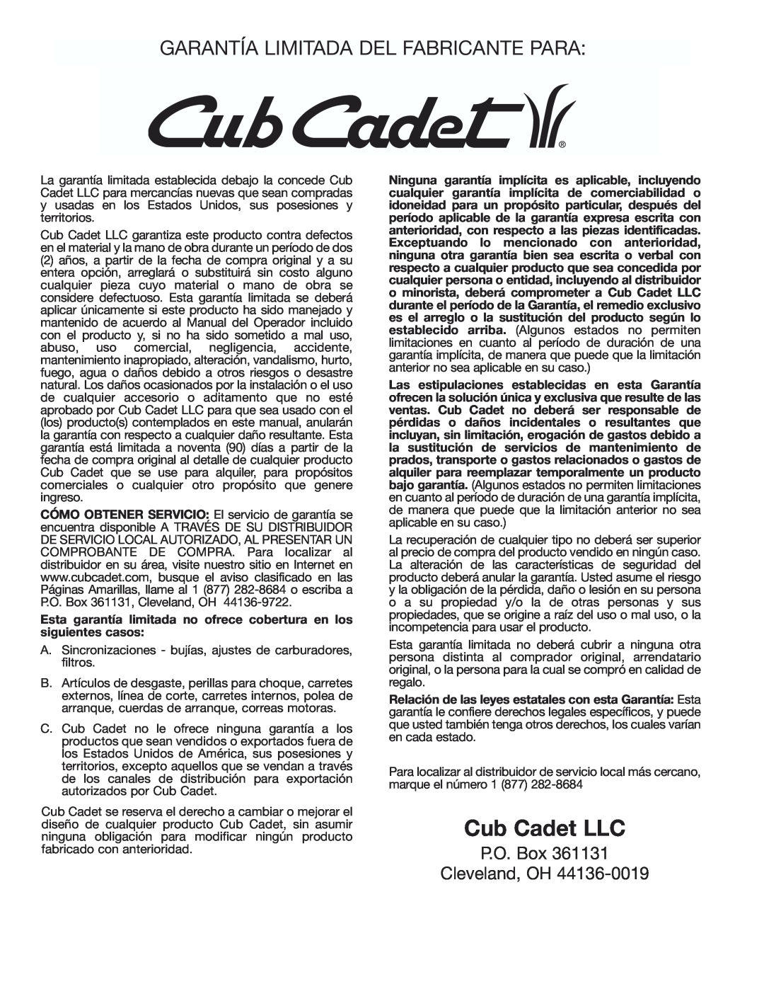 Cub Cadet CC3000 manual Garantía Limitada Del Fabricante Para, Cub Cadet LLC, P.O. Box Cleveland, OH 