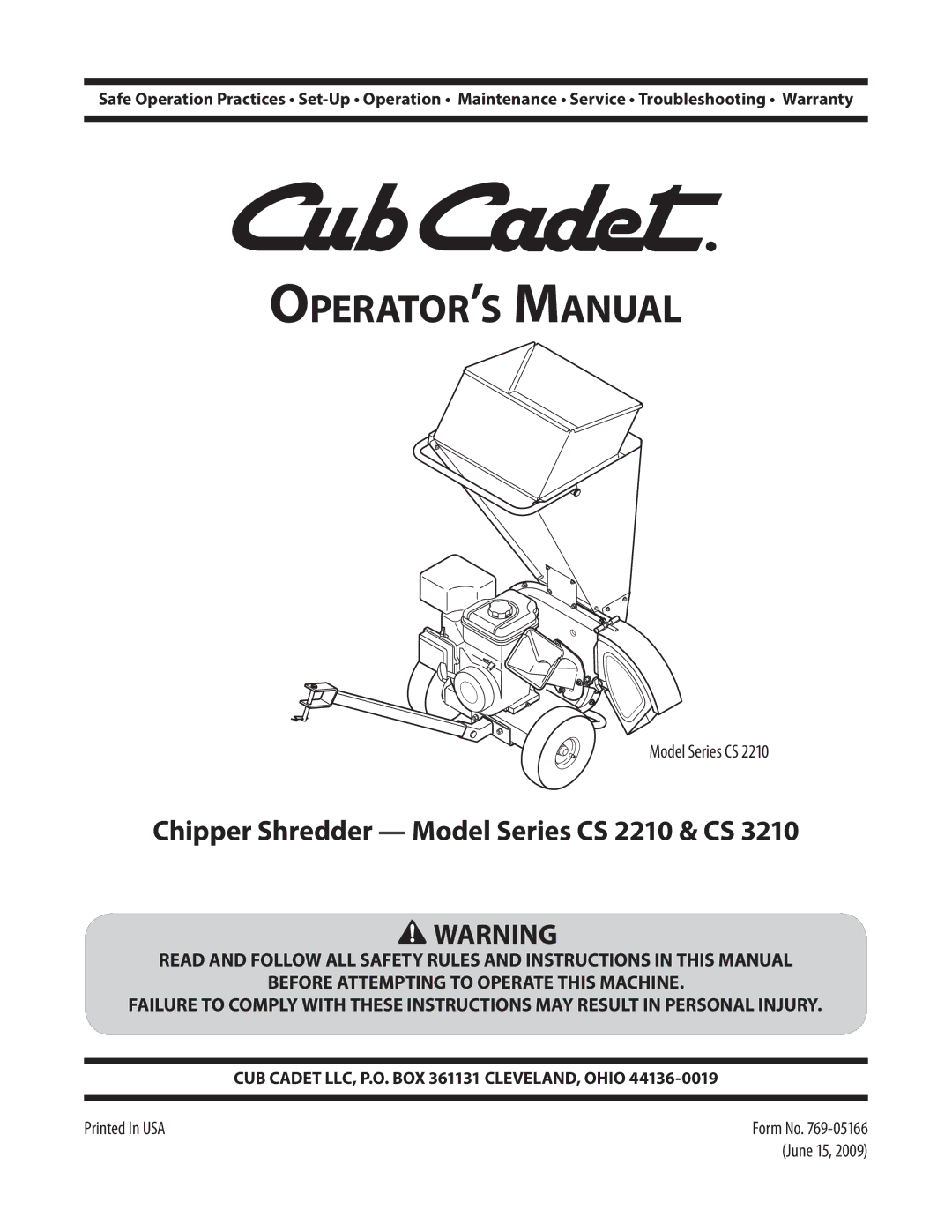 Cub Cadet CS 2210, CS3210 warranty Operator’s Manual 