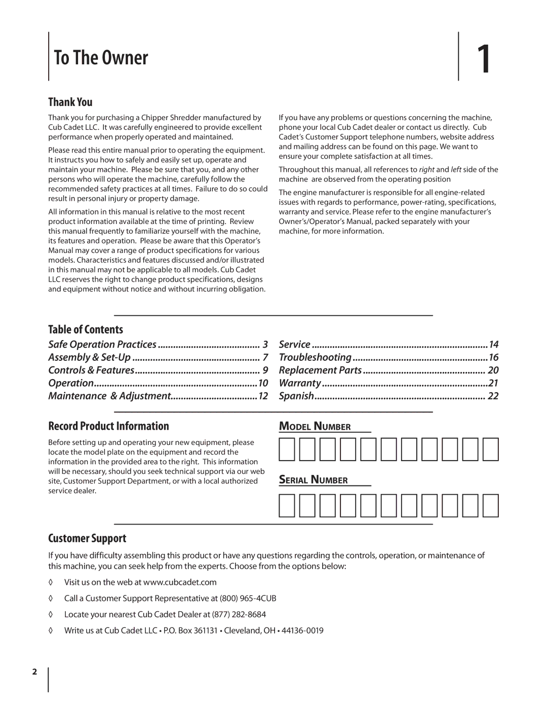 Cub Cadet CS3210, CS 2210 warranty To The Owner, Thank You, Table of Contents, Record Product Information, Customer Support 