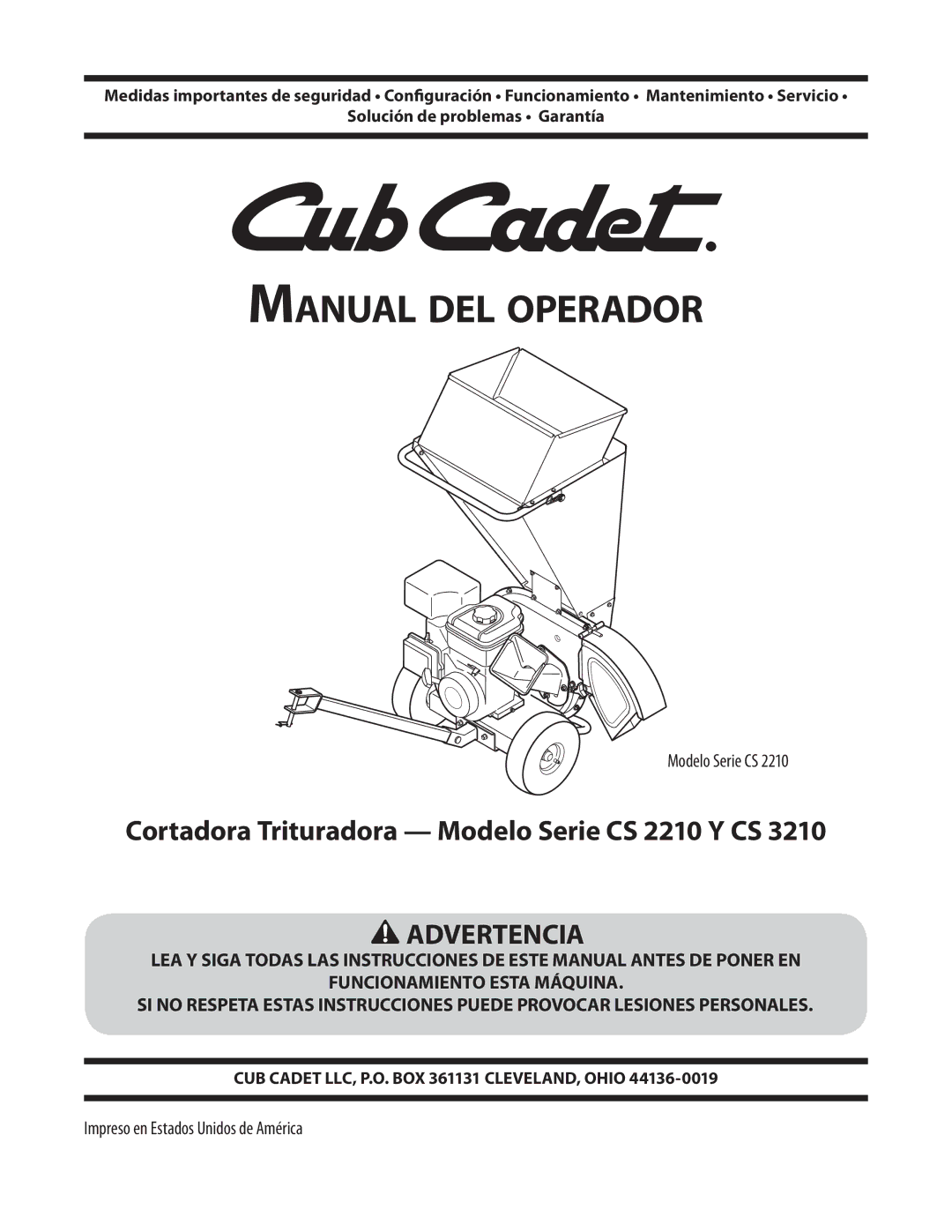 Cub Cadet CS3210, CS 2210 warranty Manual del operador 