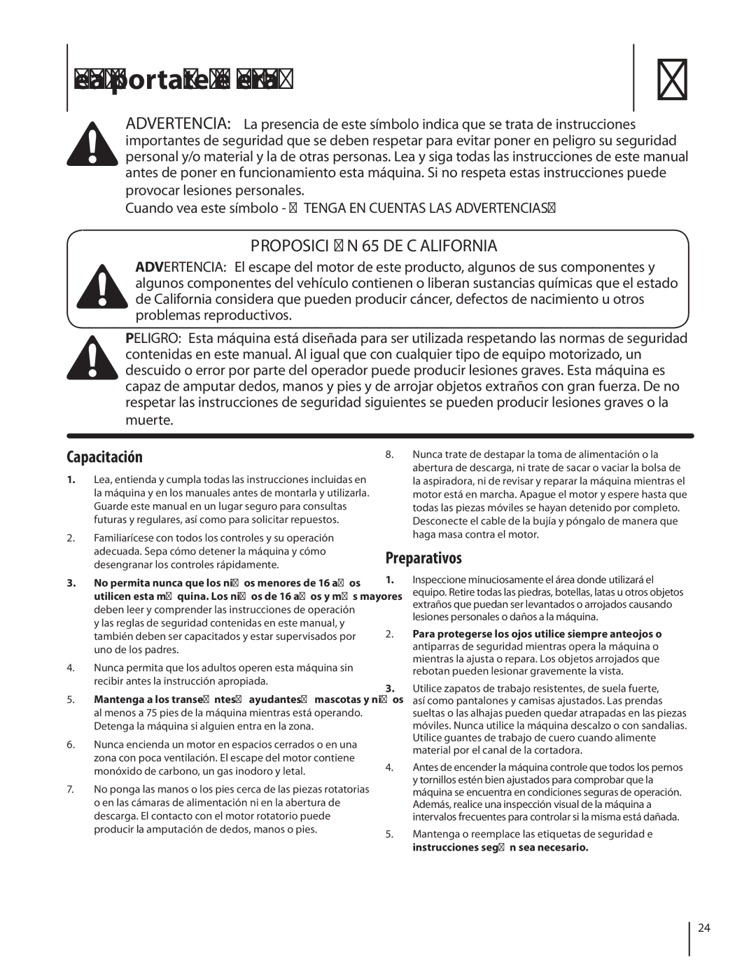 Cub Cadet CS3210, CS 2210 Medidas importantes de seguridad, Proposición 65 de California, Capacitación, Preparativos 