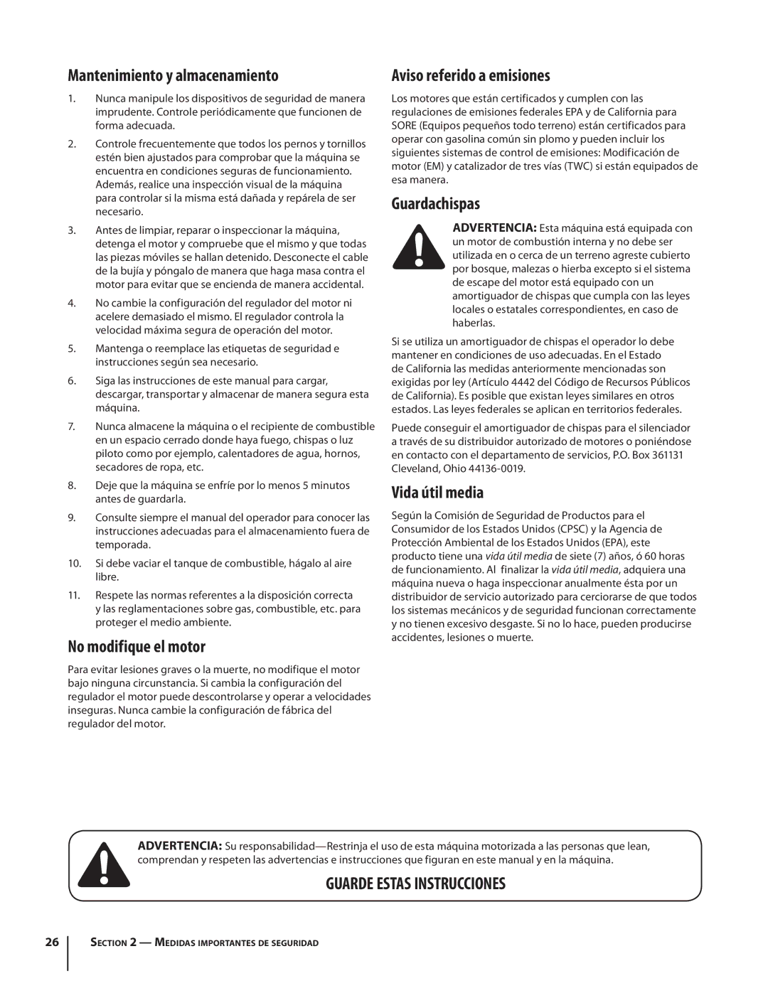 Cub Cadet CS3210, CS 2210 Mantenimiento y almacenamiento, No modifique el motor, Aviso referido a emisiones, Guardachispas 