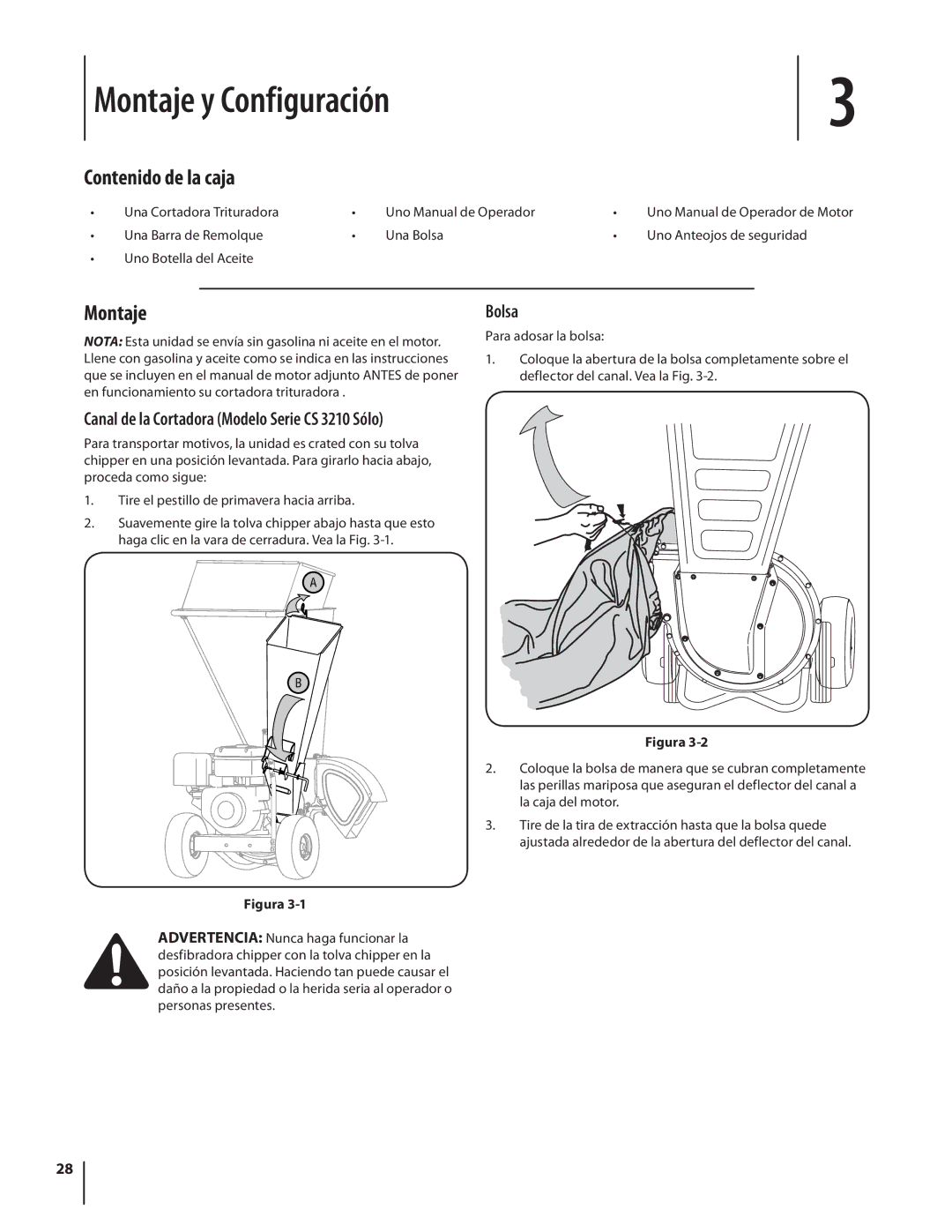 Cub Cadet CS3210 Montaje y Configuración, Contenido de la caja, Bolsa, Una Cortadora Trituradora Uno Manual de Operador 