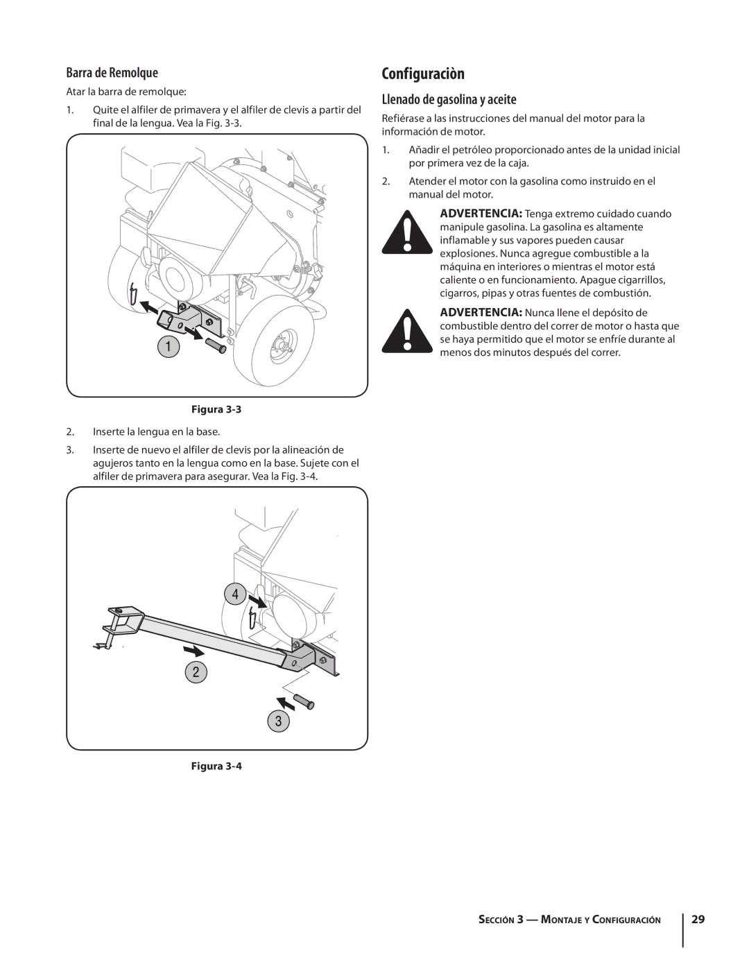 Cub Cadet CS 2210, CS3210 Configuraciòn, Barra de Remolque, Llenado de gasolina y aceite, Inserte la lengua en la base 