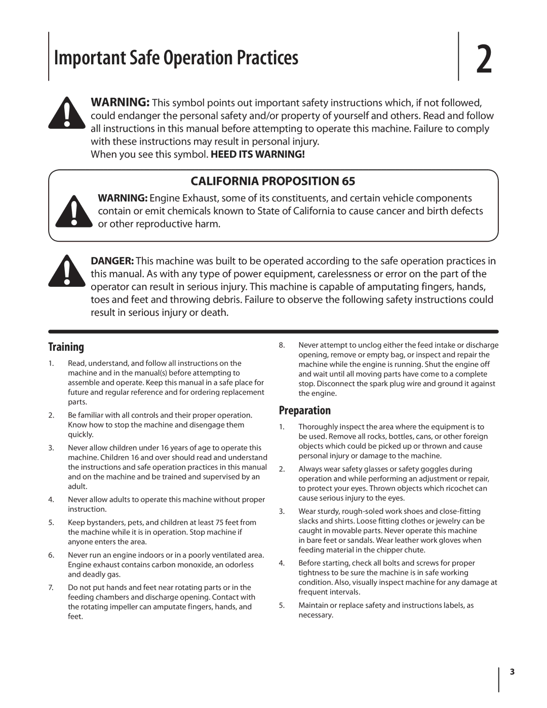 Cub Cadet CS 2210, CS3210 warranty Important Safe Operation Practices, California Proposition Training, Preparation 