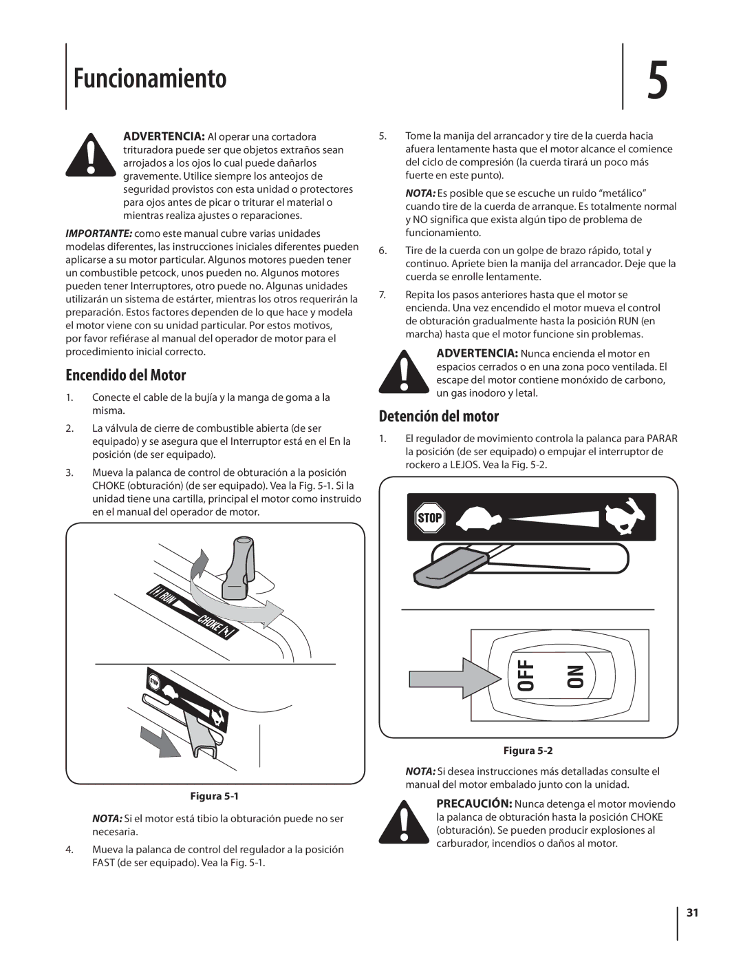 Cub Cadet CS 2210, CS3210 warranty Funcionamiento, Encendido del Motor, Detención del motor 