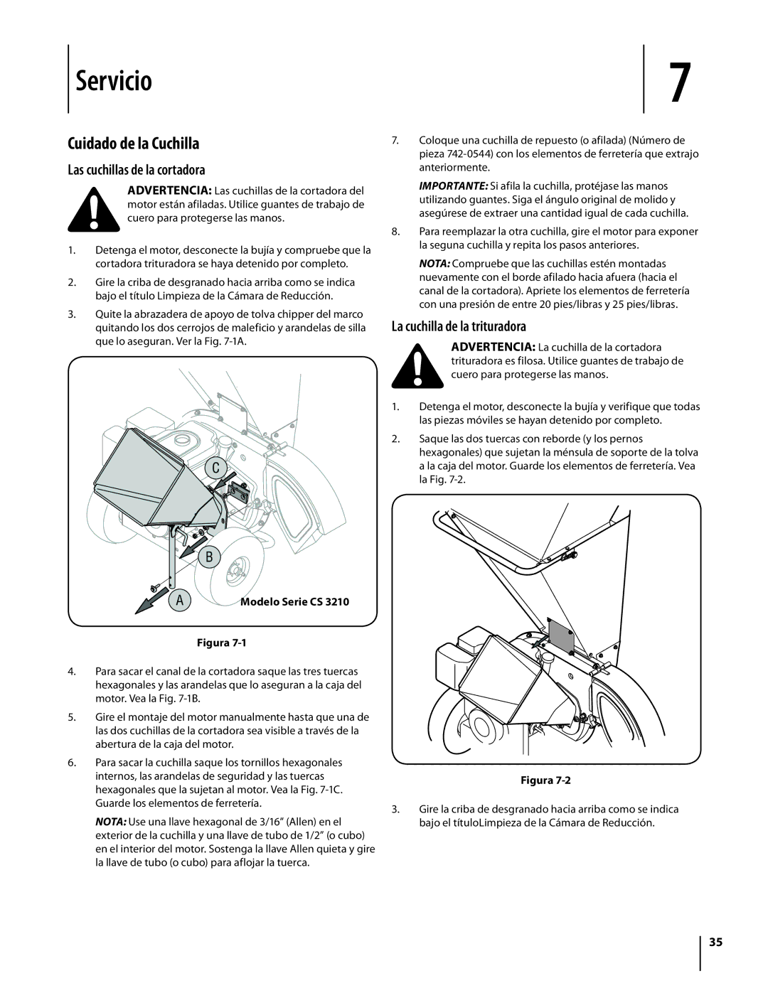 Cub Cadet CS 2210, CS3210 Servicio, Cuidado de la Cuchilla, Las cuchillas de la cortadora, La cuchilla de la trituradora 