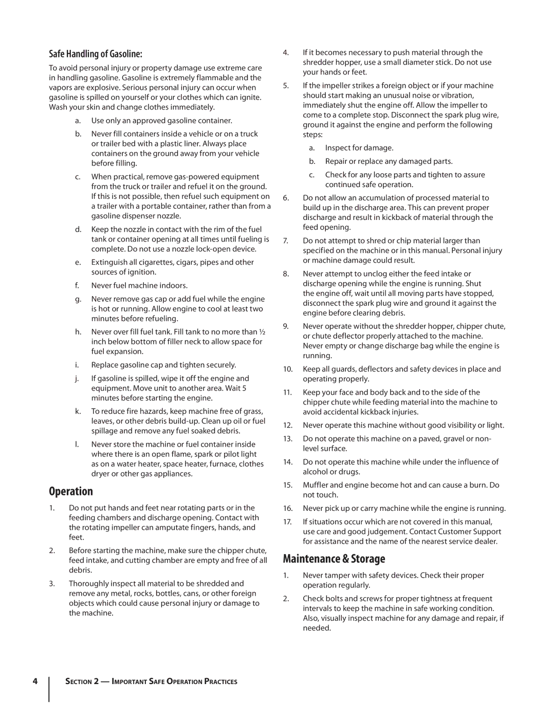 Cub Cadet CS3210, CS 2210 warranty Operation, Maintenance & Storage, Safe Handling of Gasoline 