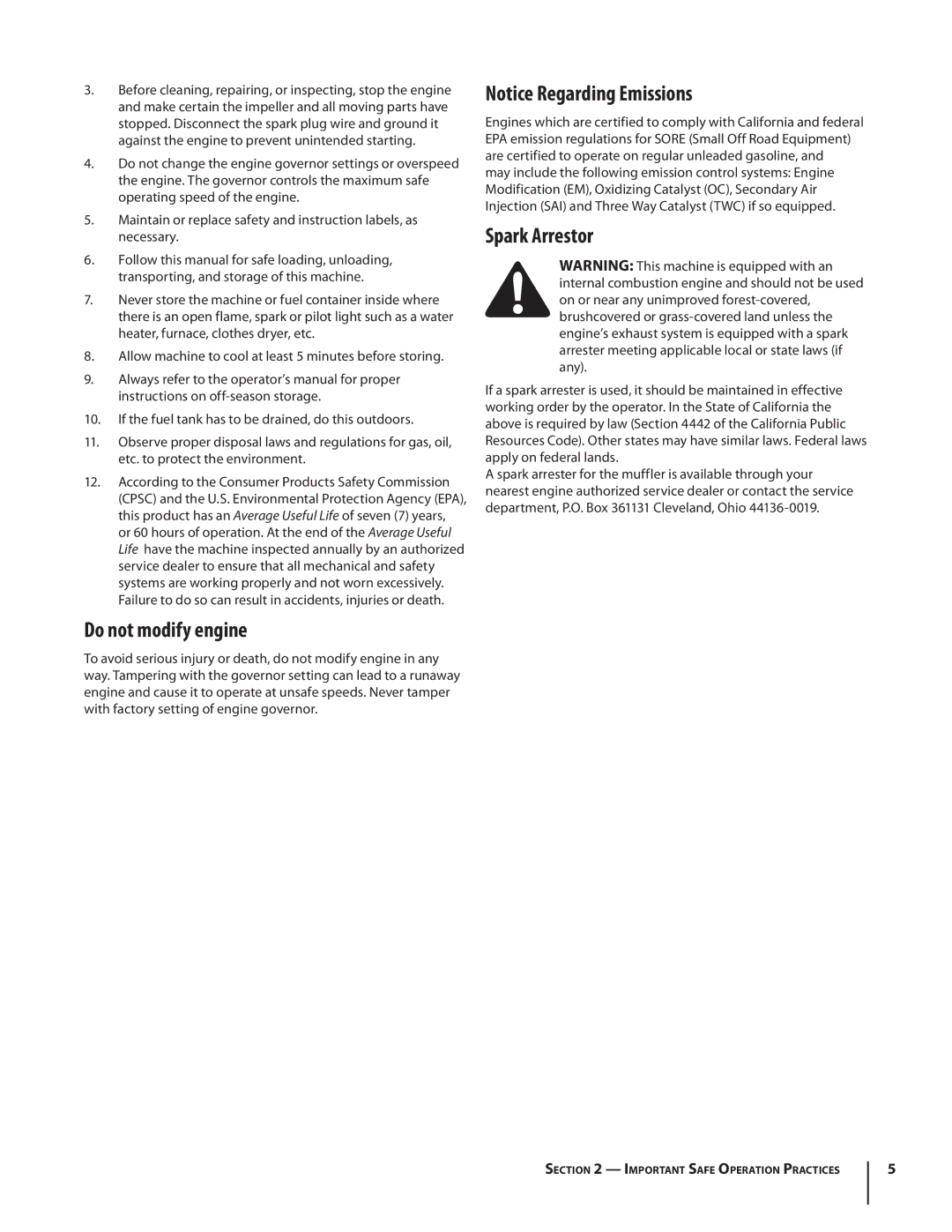 Cub Cadet CS 2210, CS3210 warranty Do not modify engine, Spark Arrestor 