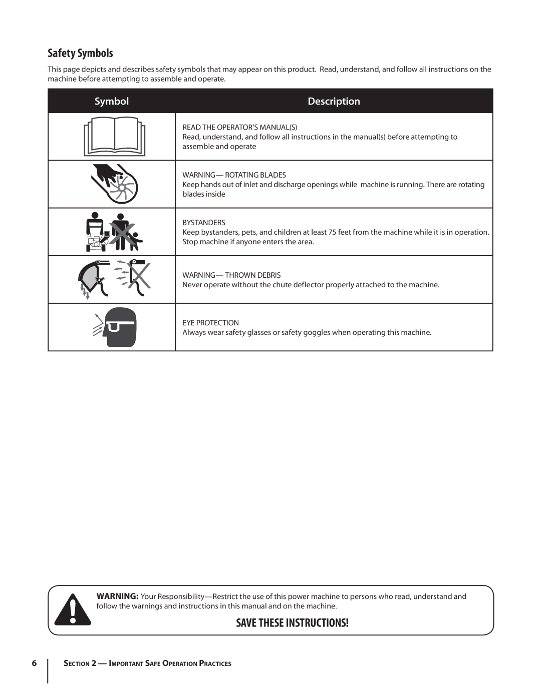 Cub Cadet CS3210, CS 2210 warranty Safety Symbols 