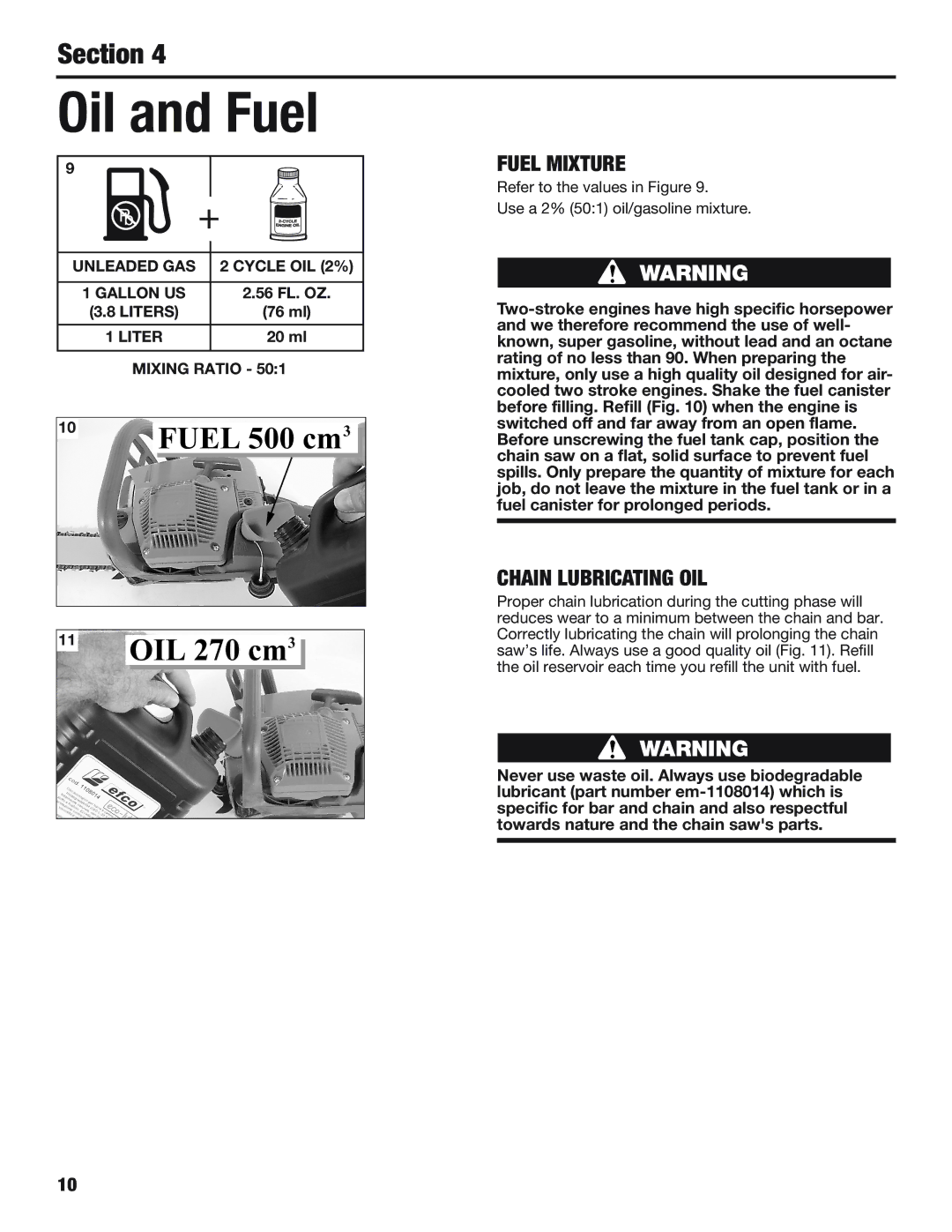 Cub Cadet CS5018, CS5220 manual Oil and Fuel, Fuel Mixture, Chain Lubricating OIL 