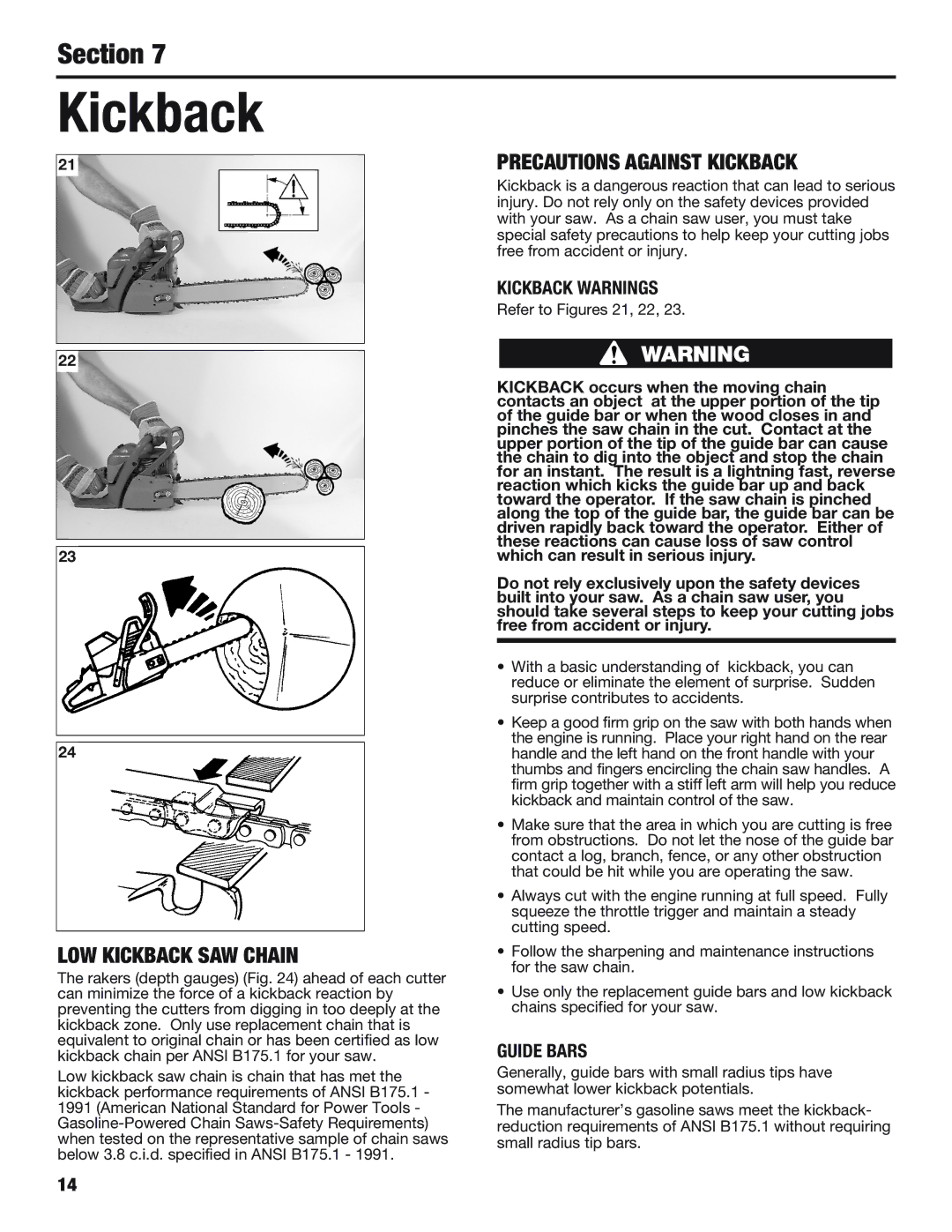 Cub Cadet CS5018, CS5220 manual LOW Kickback SAW Chain, Precautions Against Kickback 