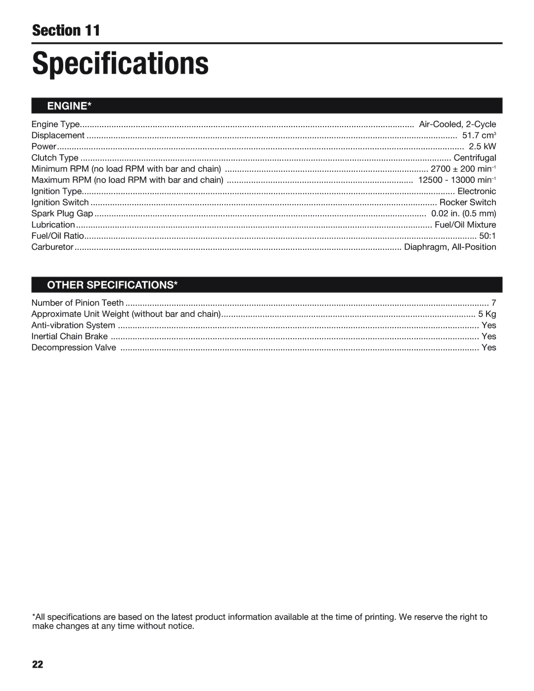 Cub Cadet CS5018, CS5220 manual Specifications, Engine 