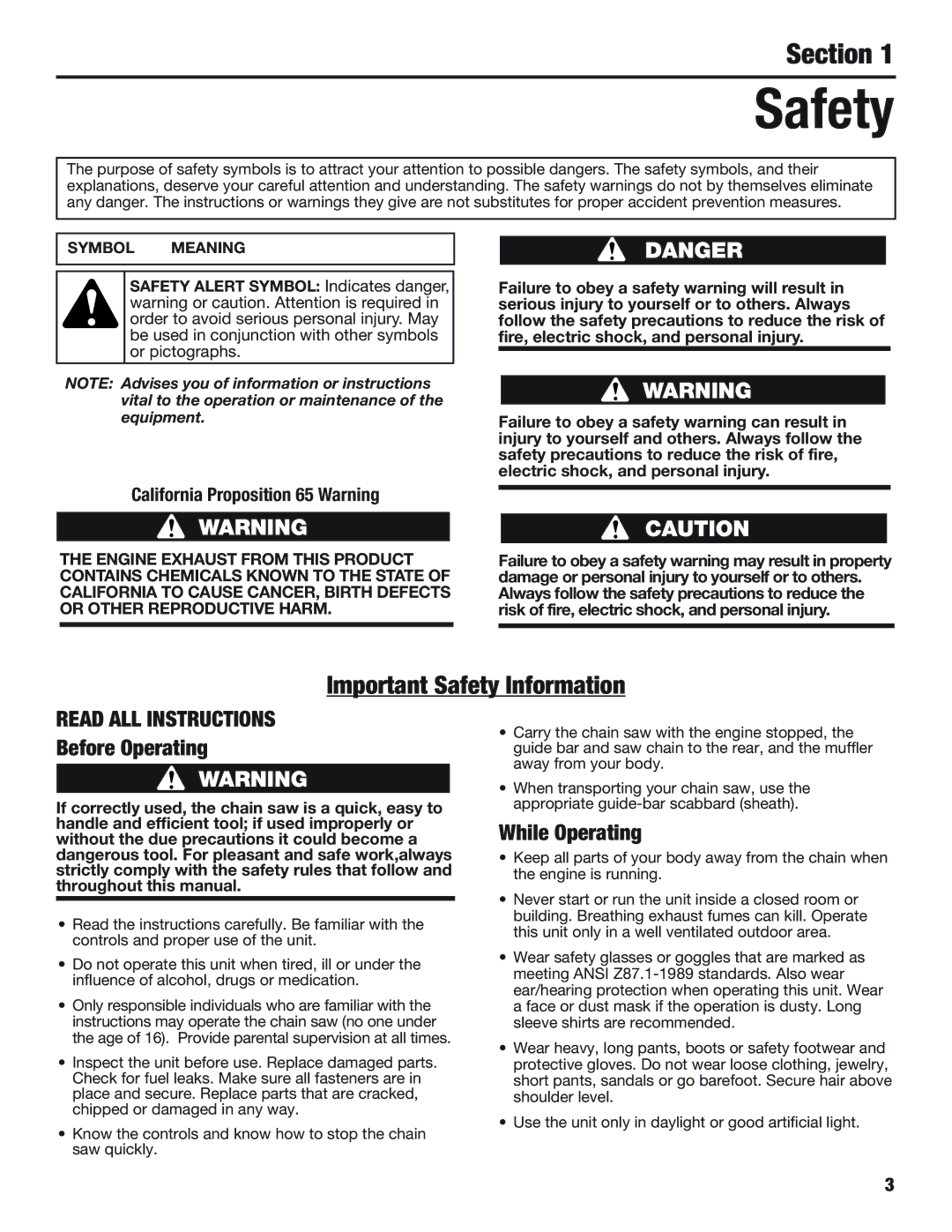 Cub Cadet CS5220, CS5018 manual Safety, Section, Read ALL Instructions, Before Operating, While Operating 