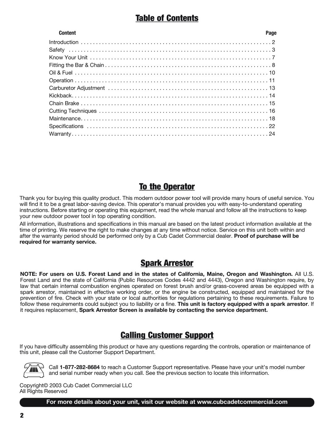 Cub Cadet CS5018, CS5220 manual Table of Contents, To the Operator, Spark Arrestor, Calling Customer Support 