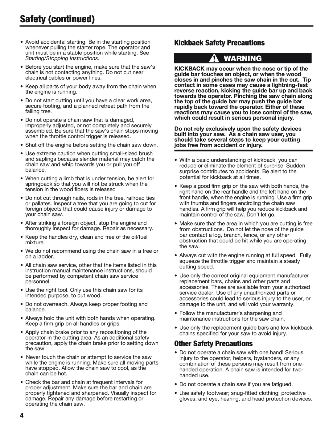 Cub Cadet CS5018, CS5220 manual Safety continued, Kickback Safety Precautions, Other Safety Precautions 