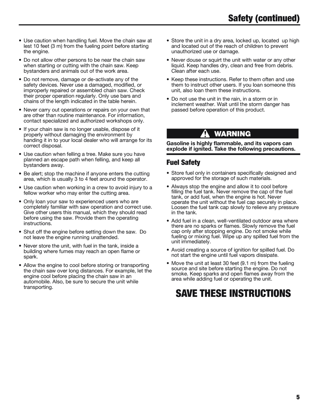 Cub Cadet CS5220, CS5018 manual Fuel Safety, Save These Instructions, Safety continued 