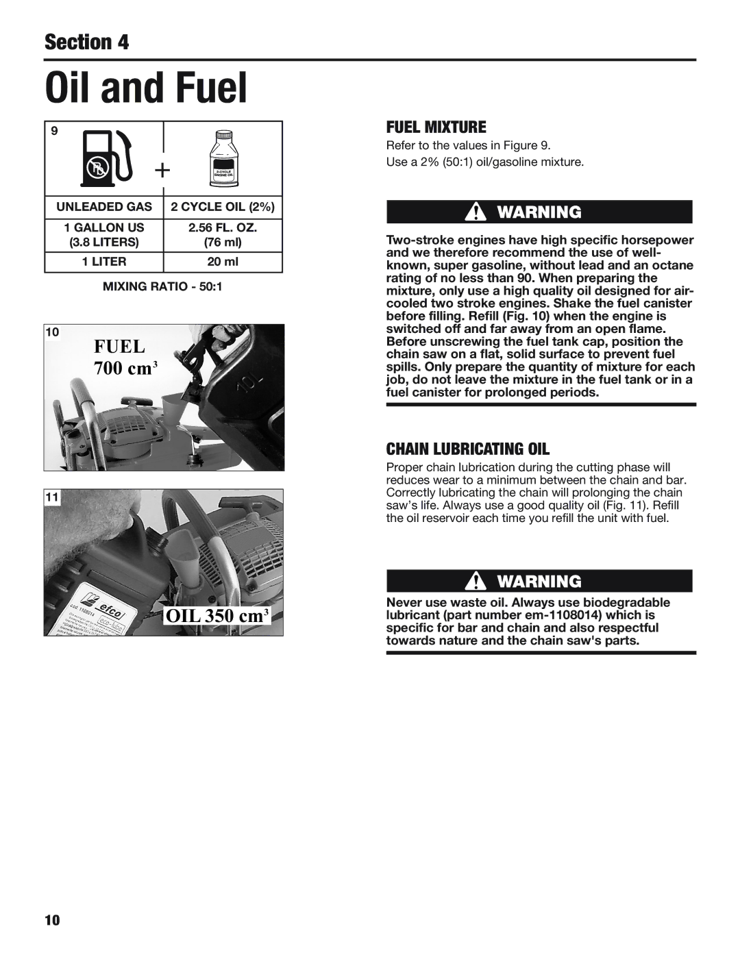 Cub Cadet CS5720 manual Oil and Fuel, Fuel Mixture, Chain Lubricating OIL 