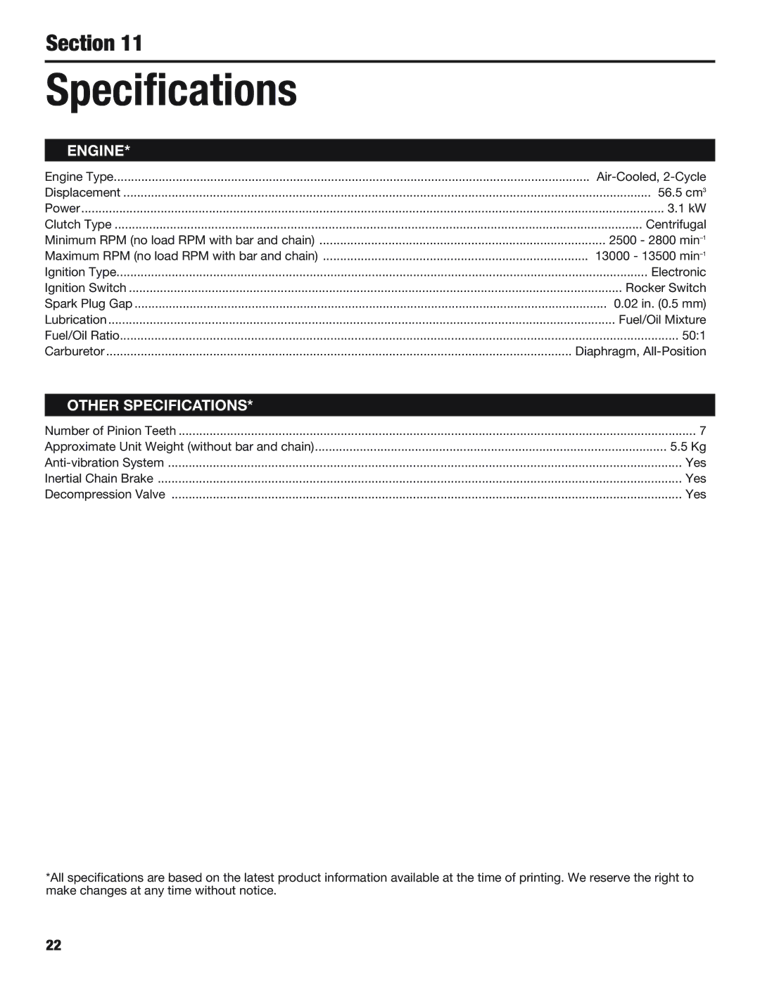 Cub Cadet CS5720 manual Specifications, Engine 